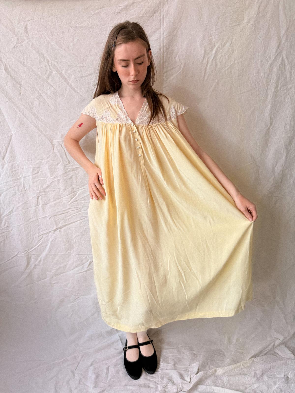 1930s Butter Yellow Silk and Lace Lingerie Dress/ Nightgown