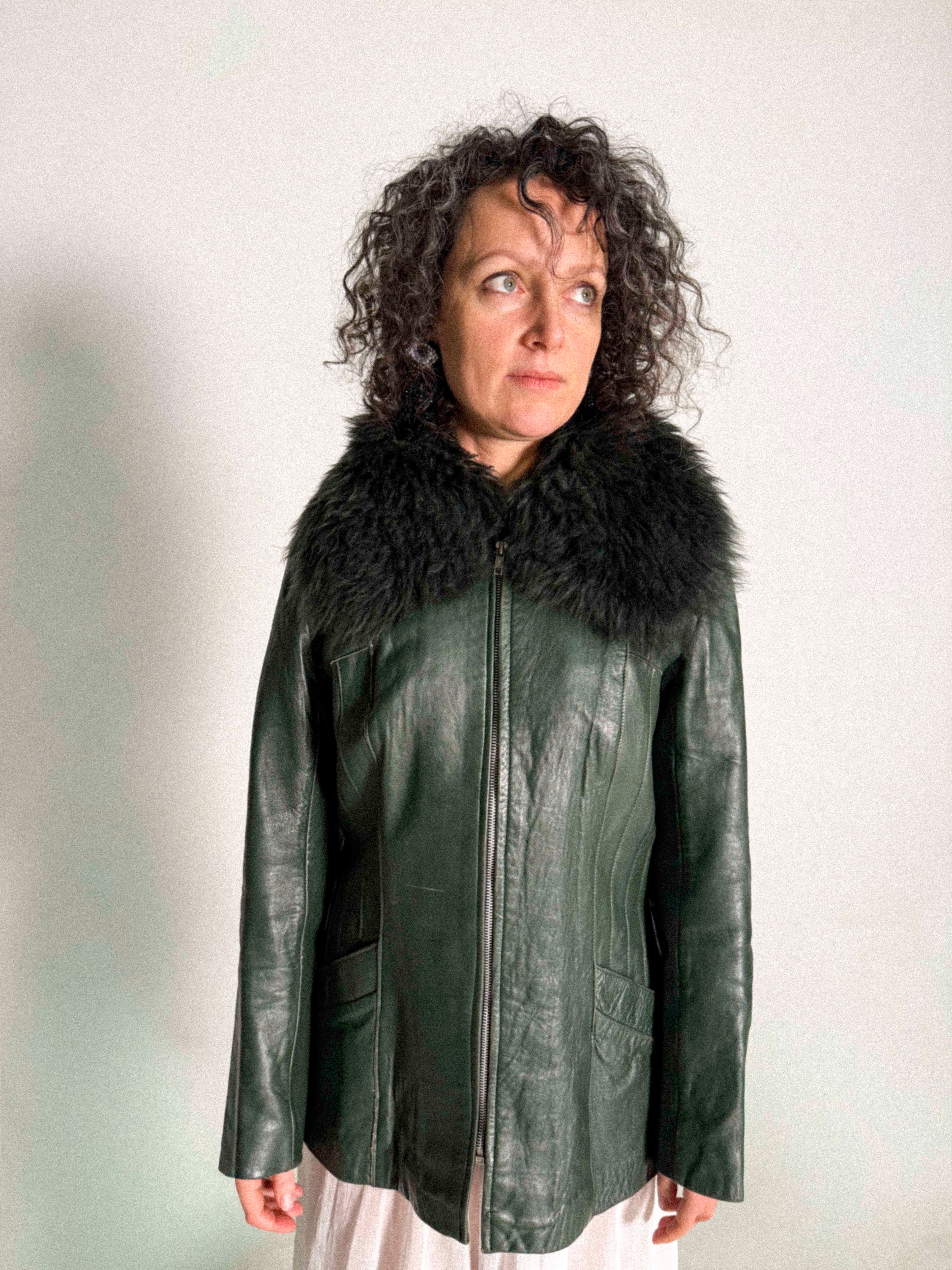 1970s Long Pine Green Leather Jacket with Fur Collar