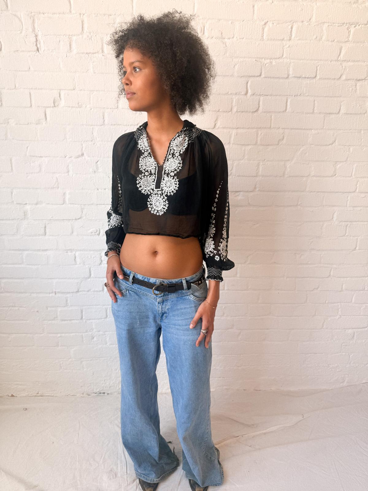 1920s–30s Eastern European Black Cotton Batiste Embroidered Folk Blouse