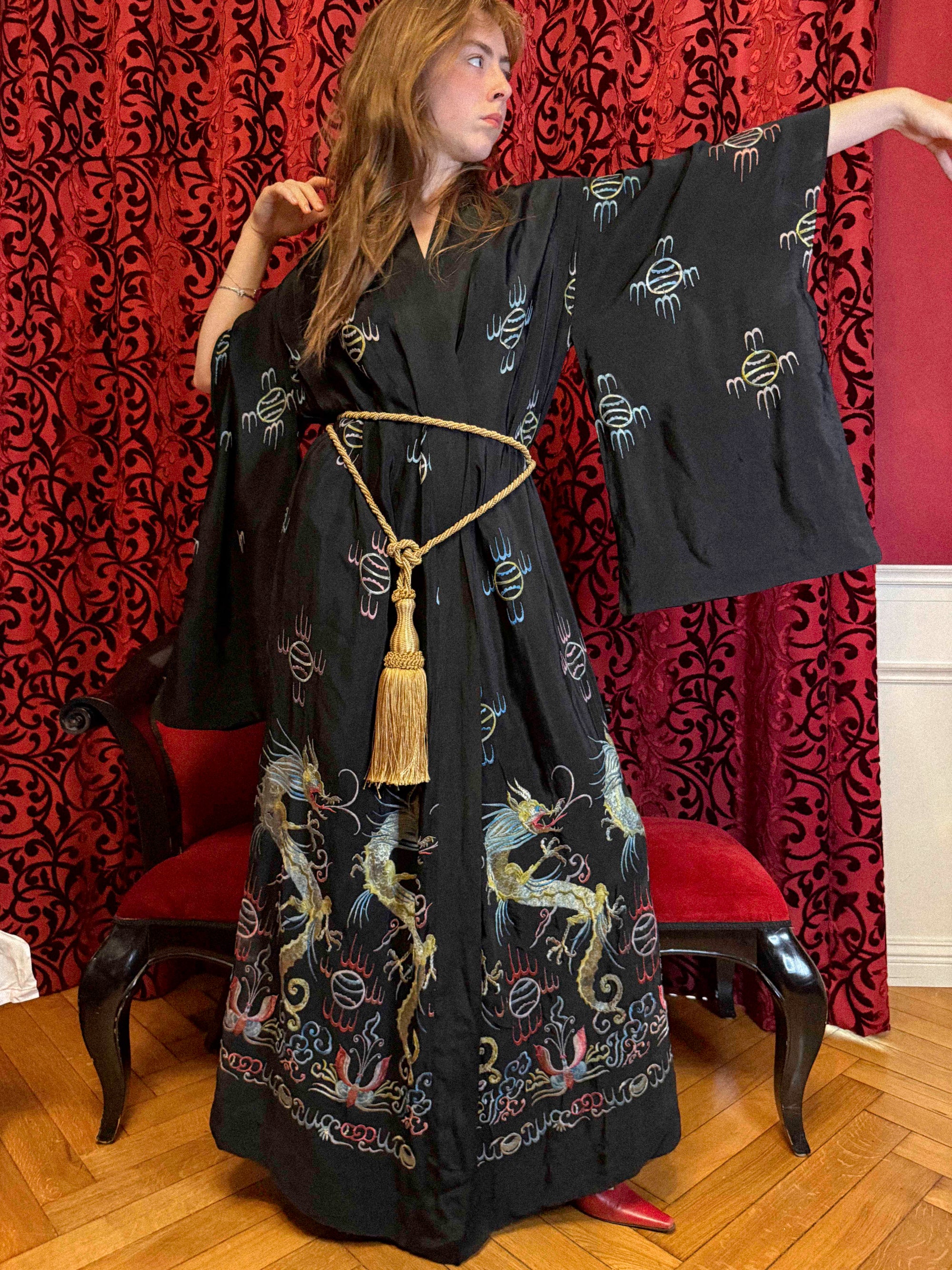 Antique 1920s Embroidered Silk Duster/ Kimono – Egyptian Revival