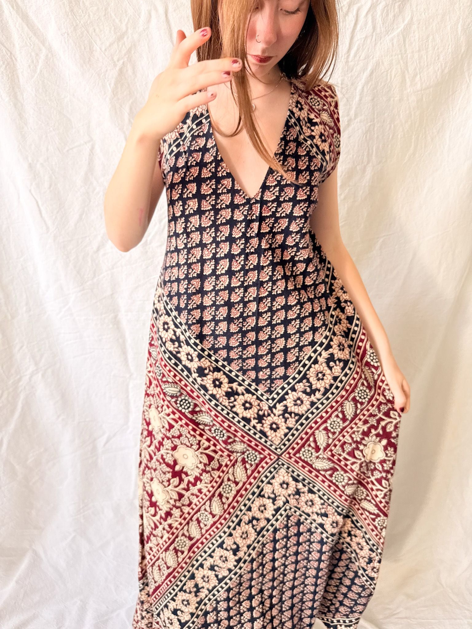 1970s Indian Block Print Cotton Caftan Dress