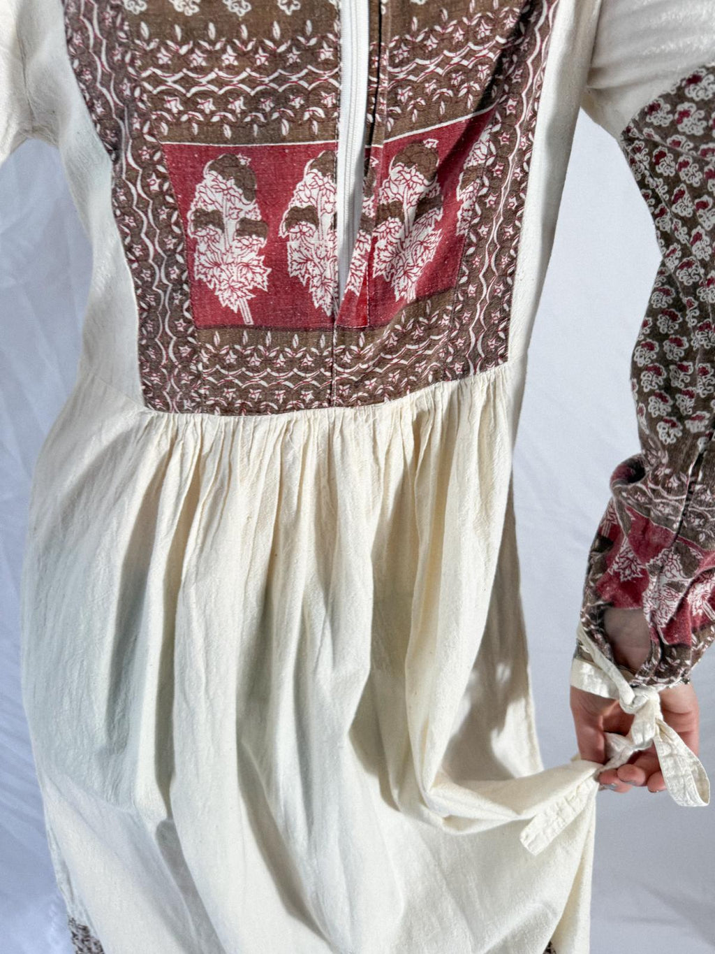 1970s Thick Cotton Blockprint Panel Dress in Cream