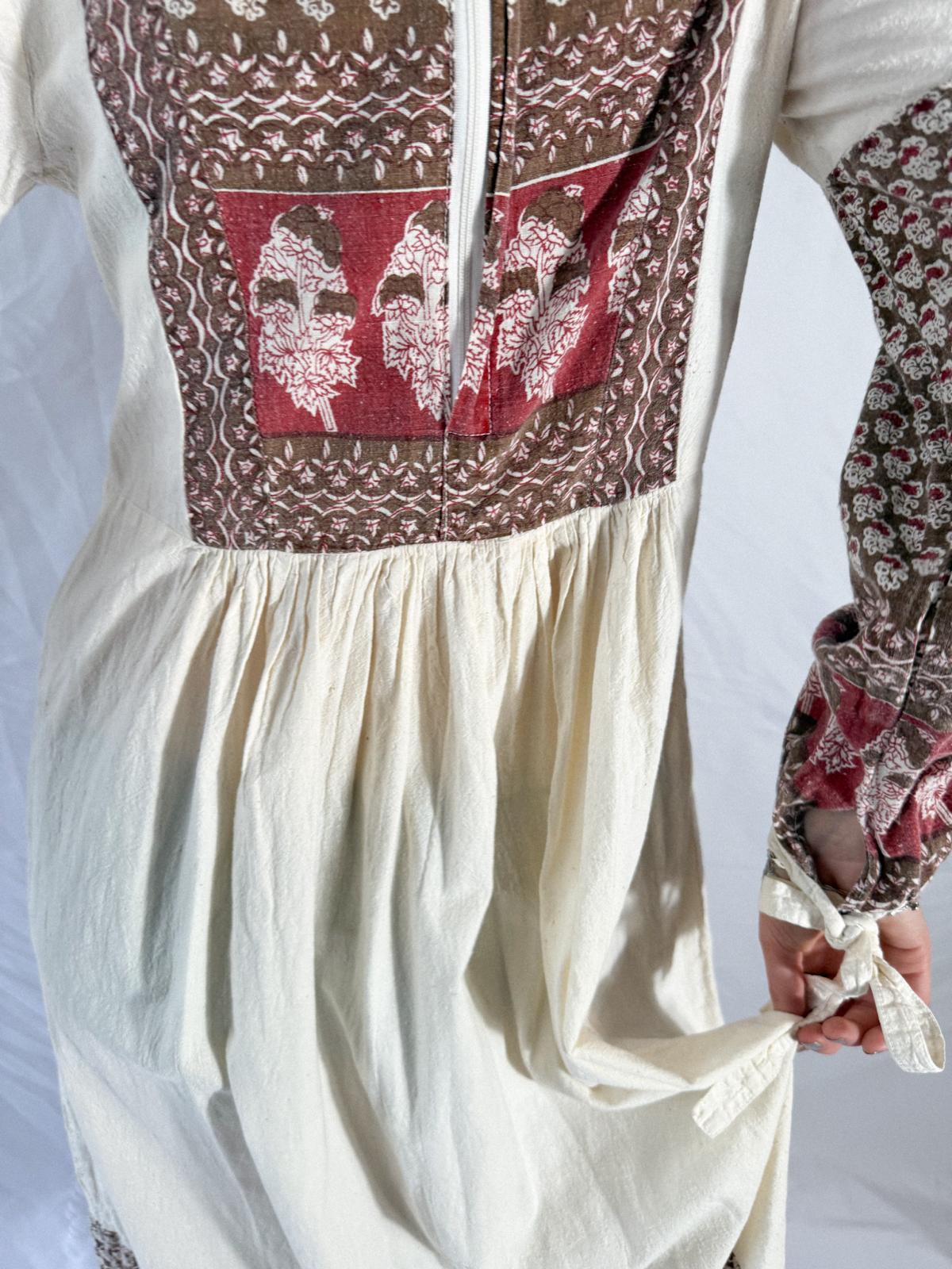 1970s Thick Cotton Blockprint Panel Dress in Cream