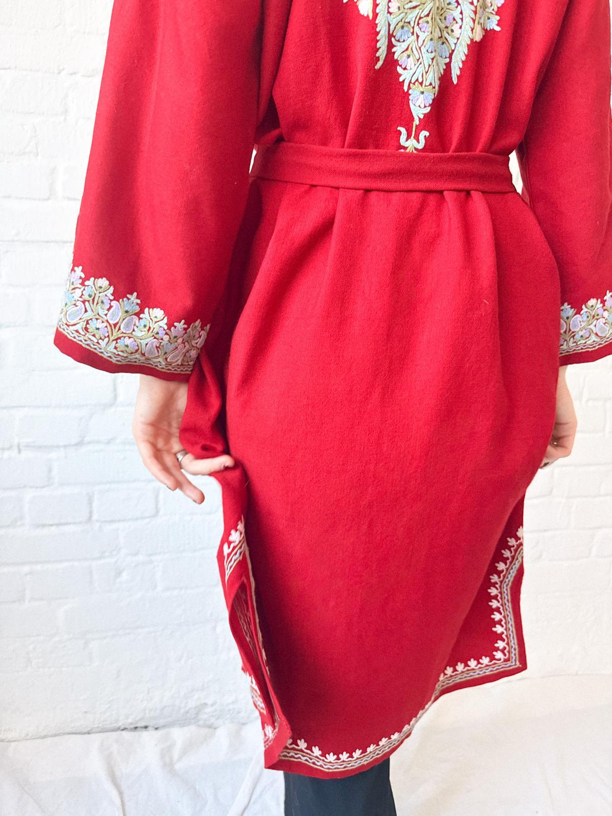 1920s–30s Kashmiri Embroidered Red Pashmina Wool Duster Coat