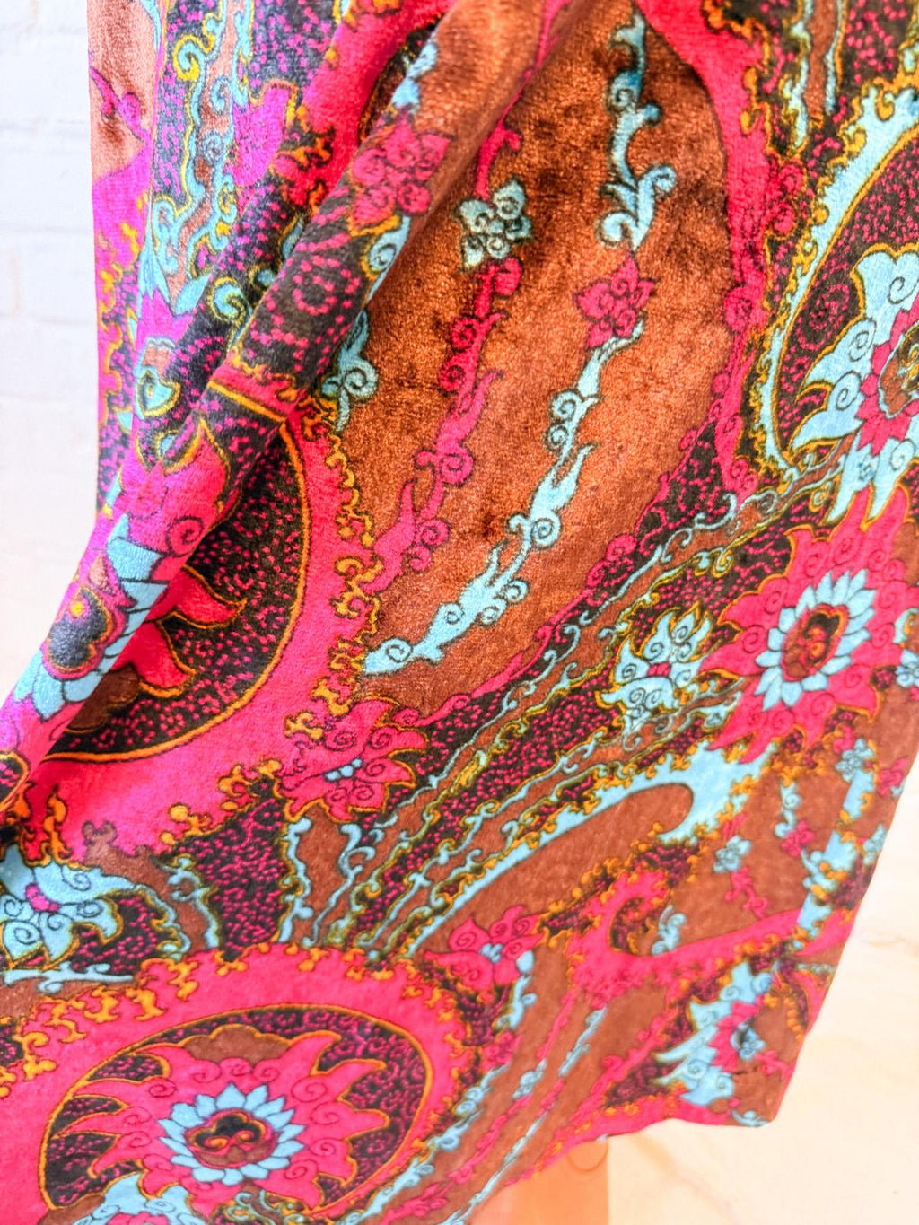 1970s Psychedelic Crushed Velvet Maxi Dress – Pink, Turquoise & Brown