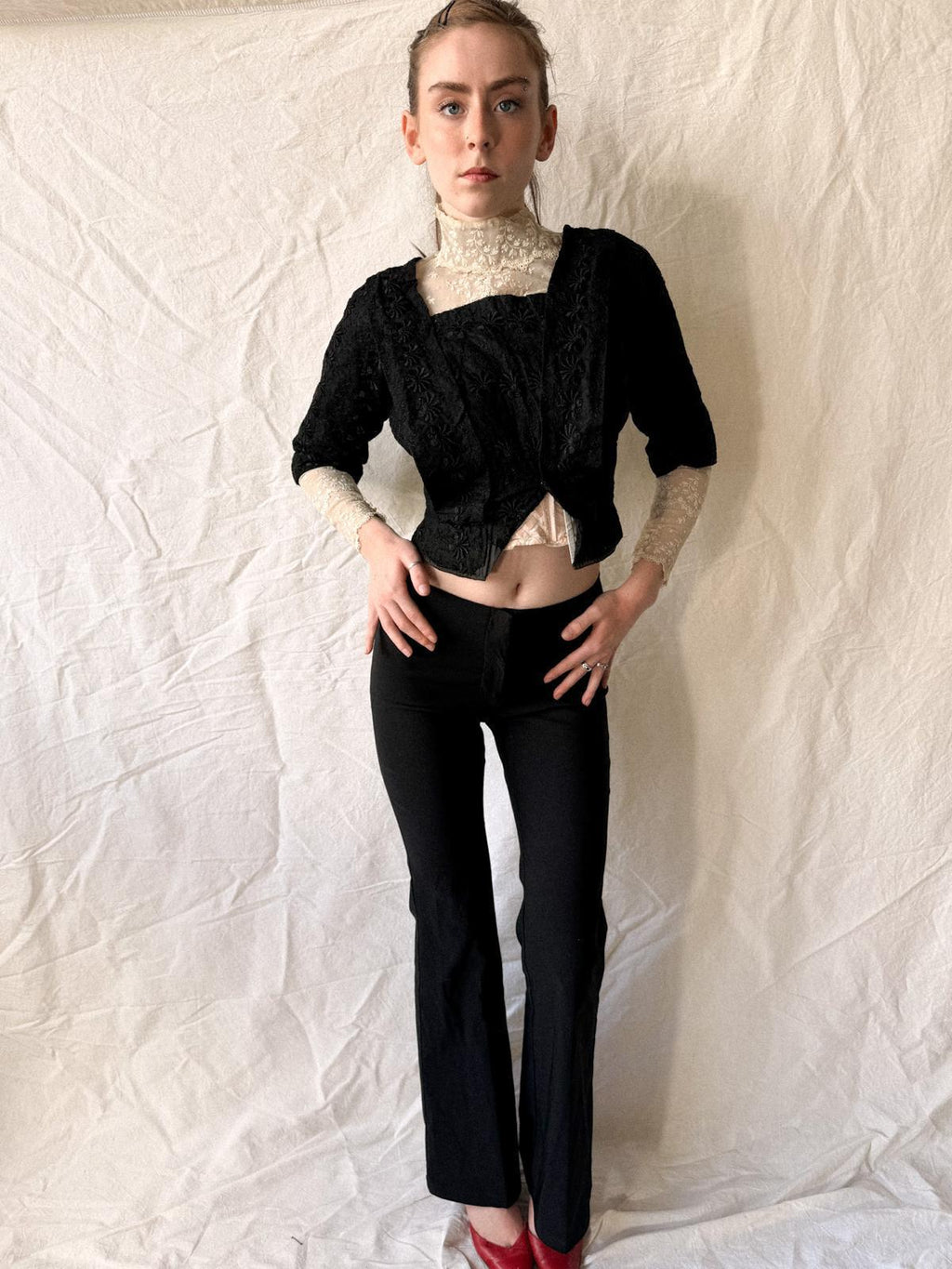 Victorian / Early Edwardian Black Silk & Lace Boned Bodice | Antique Embroidered Jacket | c. 1895–1910