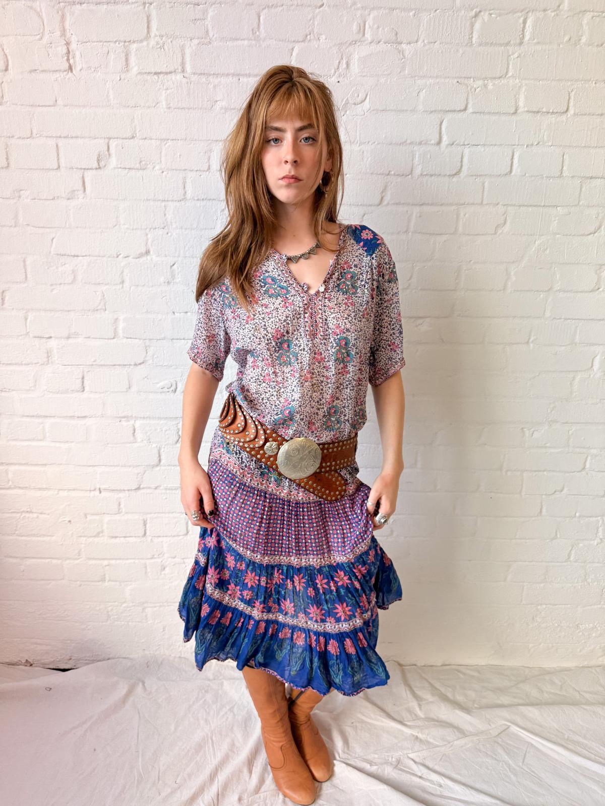 Vintage Late 1970s Adini Indian Cotton Floral Tiered Midi Dress