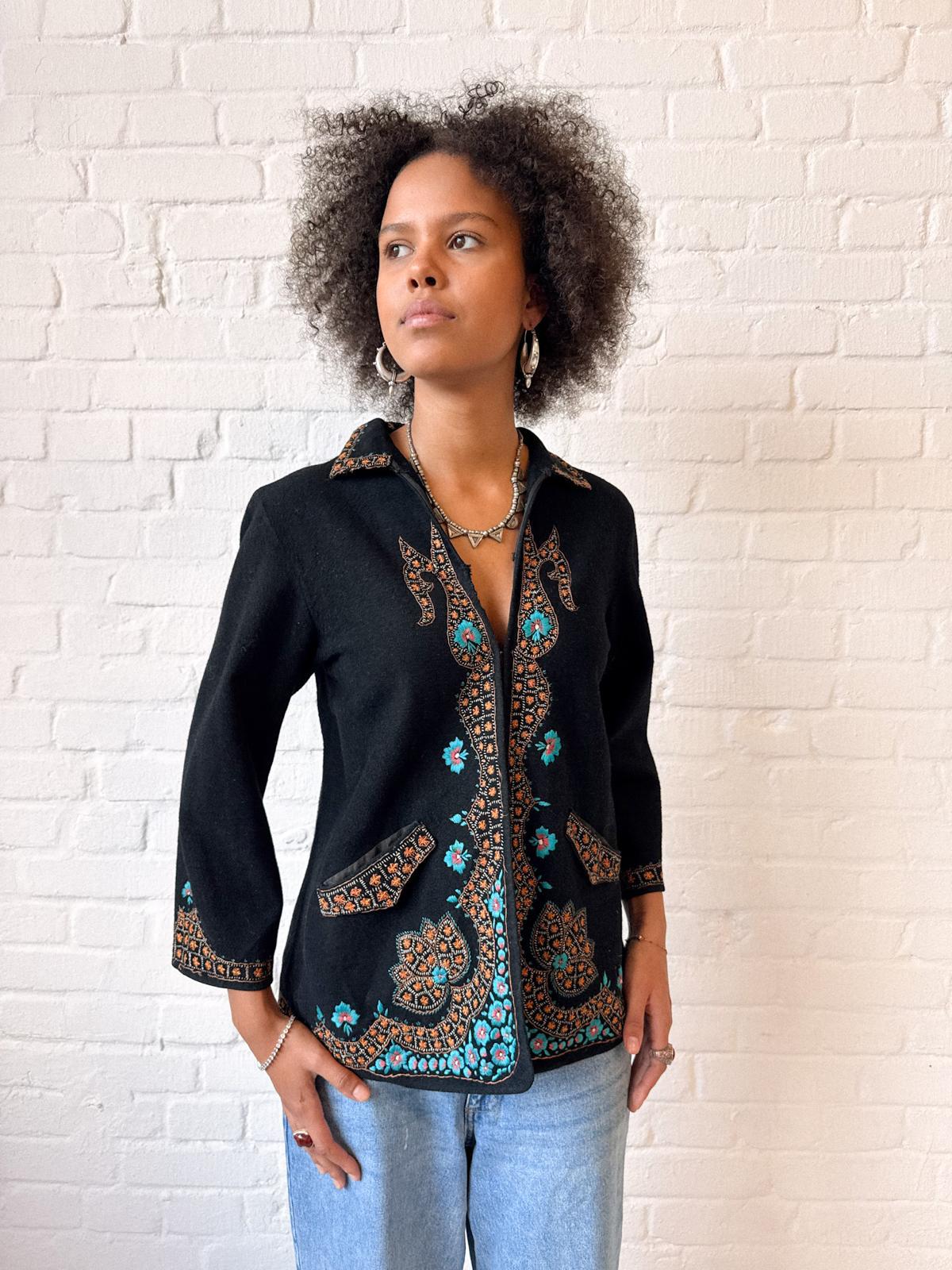 1920s–30s Black Wool Jacket with Kashmiri-Style Floral Embroidery
