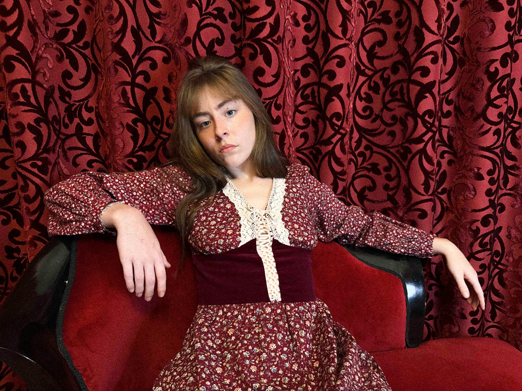1970s Gunne Sax Prairie Dress in Burgundy Floral Cotton with Velvet Bodice