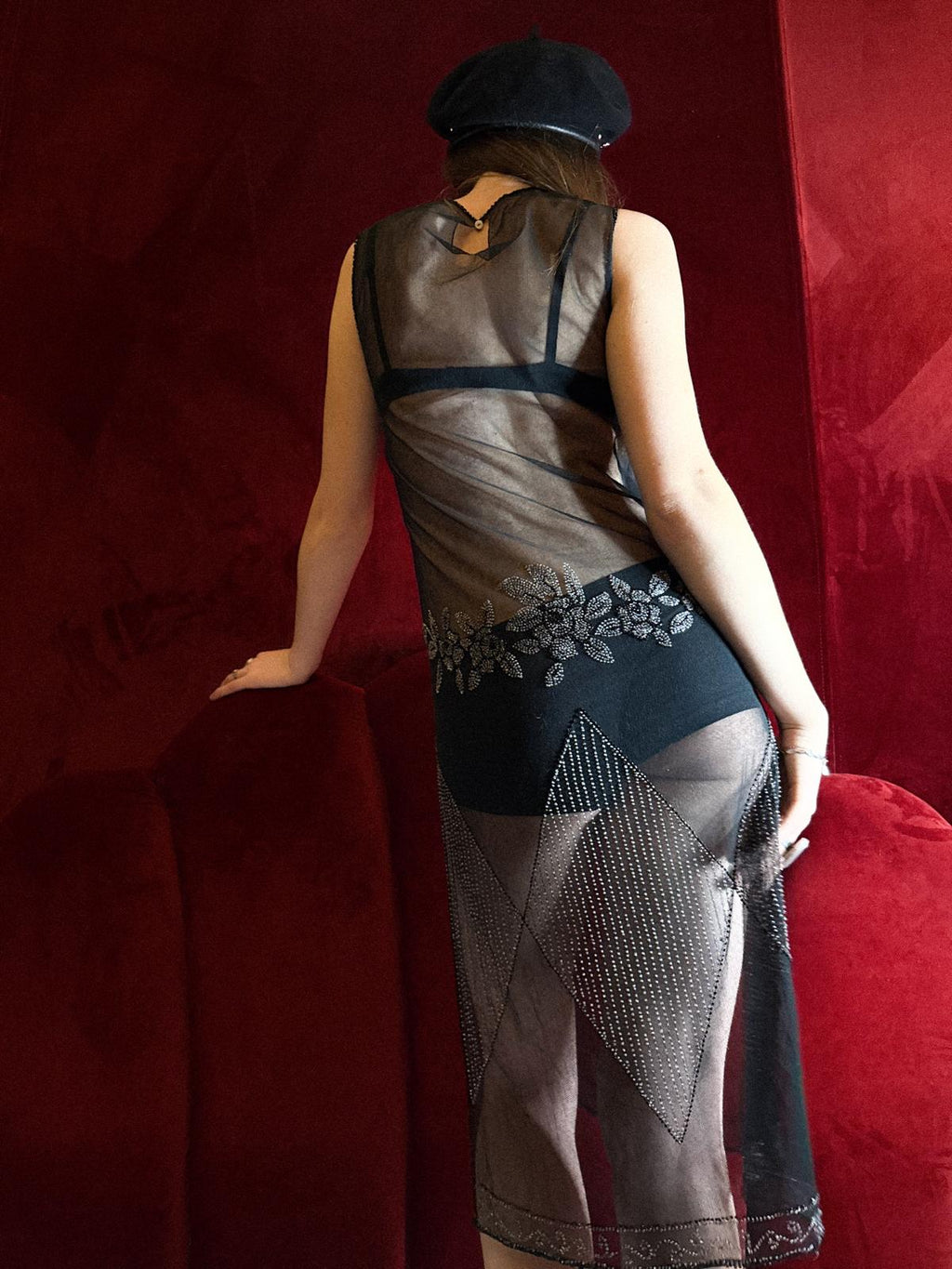 Antique 1920s Beaded Mesh Flapper Dress with Geometric Crystal Embellishment