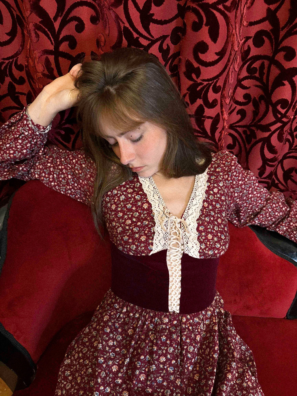 1970s Gunne Sax Prairie Dress in Burgundy Floral Cotton with Velvet Bodice