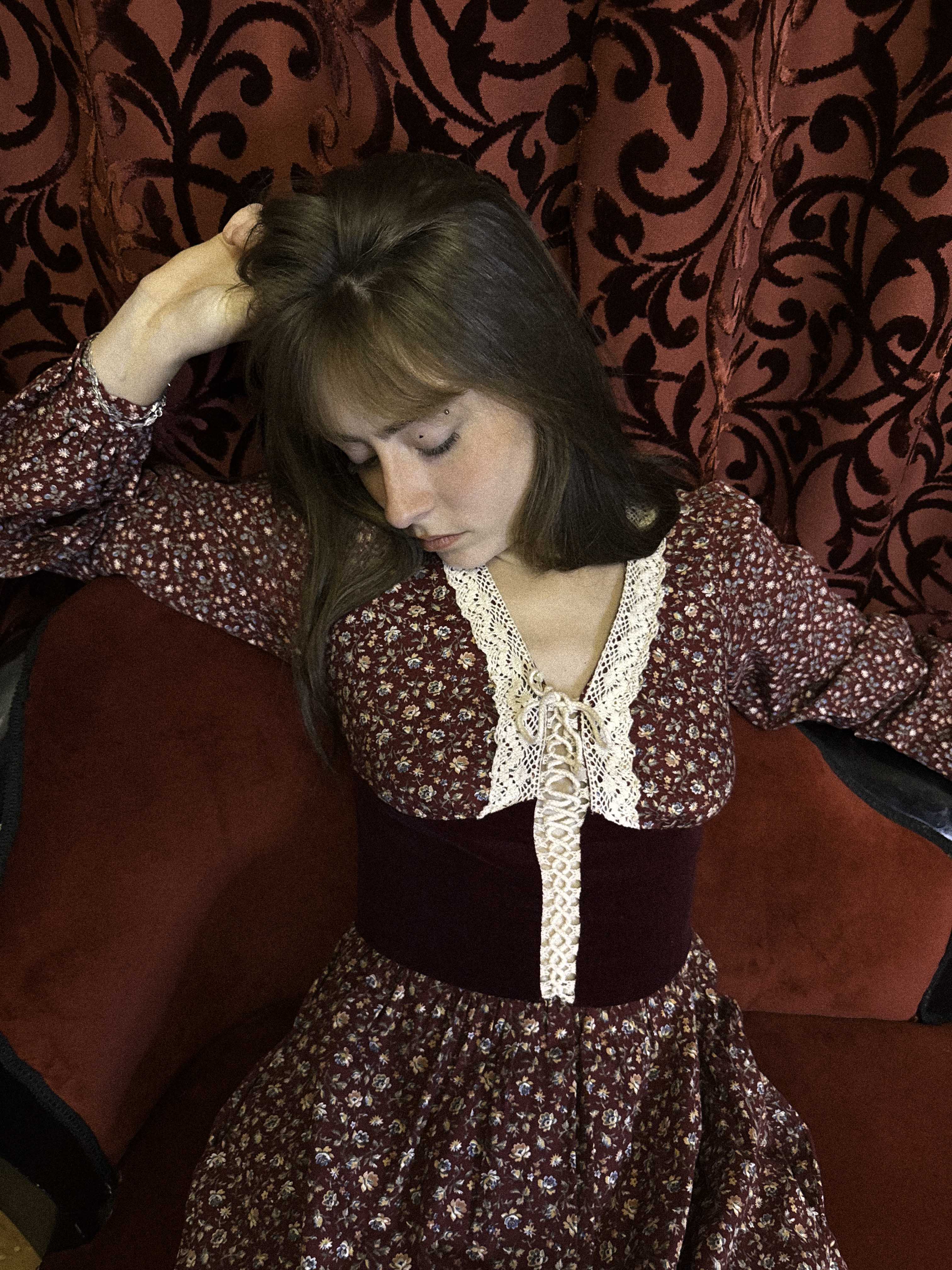 1970s Gunne Sax Prairie Dress in Burgundy Floral Cotton with Velvet Bodice