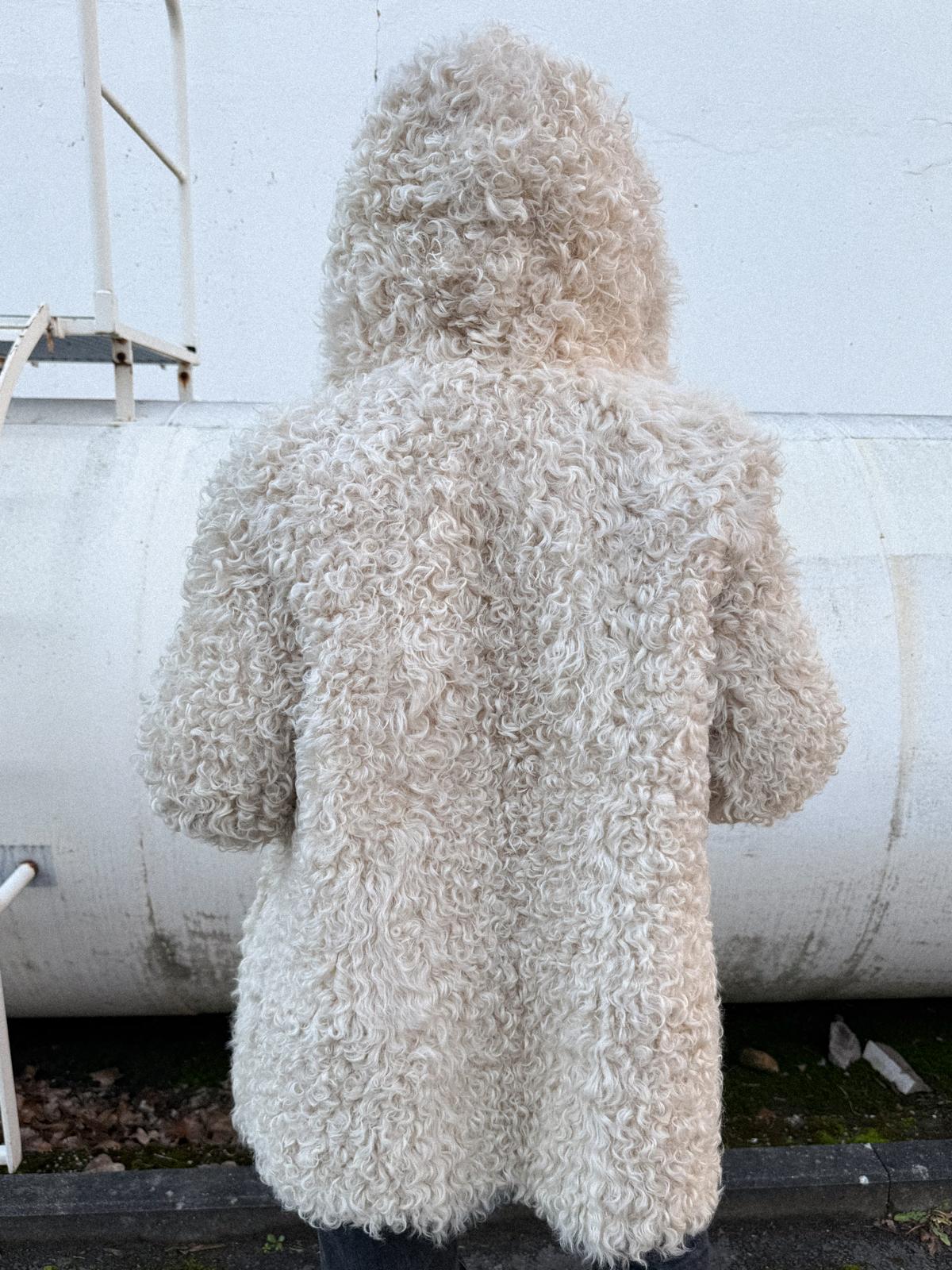 1970s Tibetan Lamb Coat with Hood – Curly Sheepskin, Satin Lined, Leather Toggles