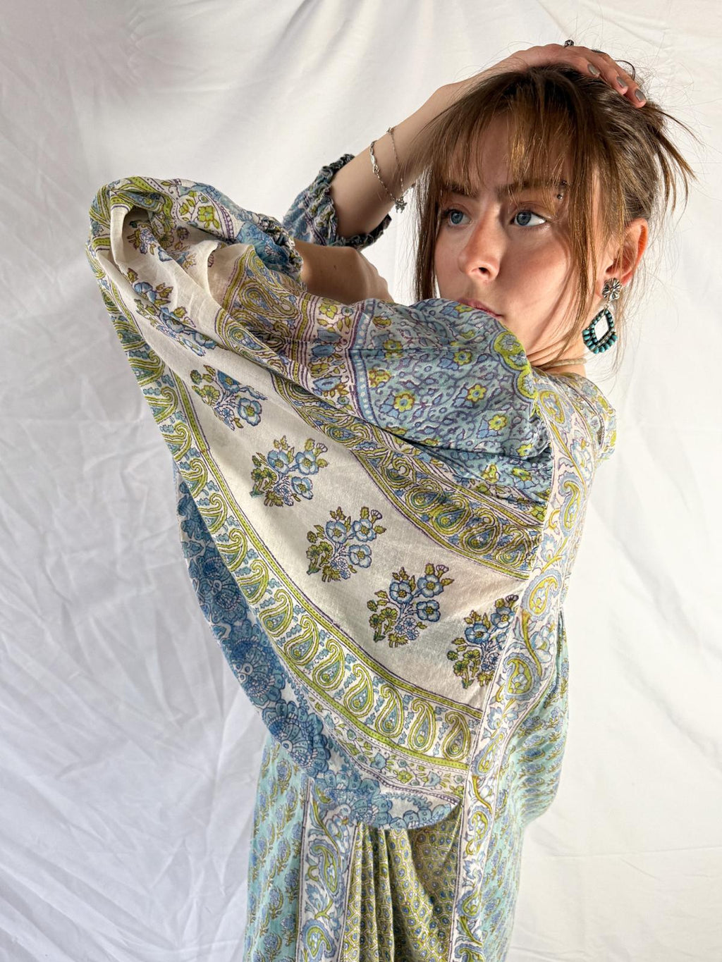 1970s Cotton Gauze Maxi Dress with Extravagant Sleeves
