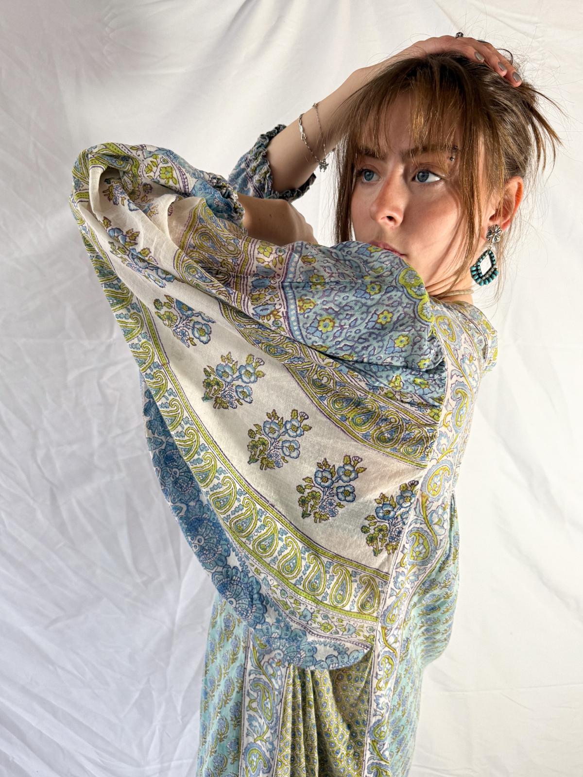 1970s Cotton Gauze Maxi Dress with Extravagant Sleeves