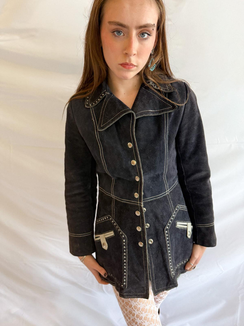 RESERVED FOR TUSIA Suede Jacket – Vintage Navy Fitted Leather Coat with Contrast Stitching