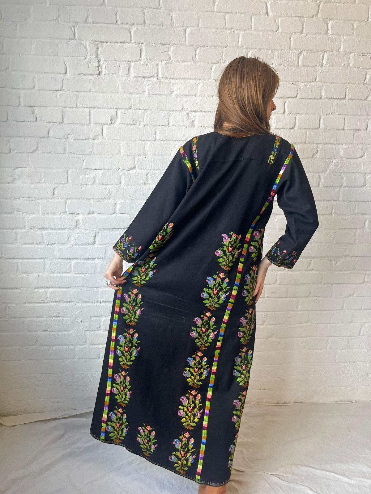 Vintage 1940s–60s Palestinian Embroidered Black Thobe Dress