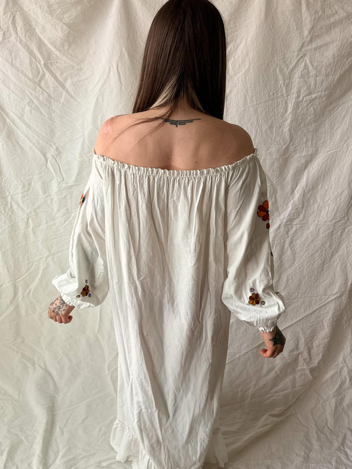 1970s Ecuadorian Embroidered Cotton Peasant Dress, Off Shoulder Prairie Maxi, White Folk Dress