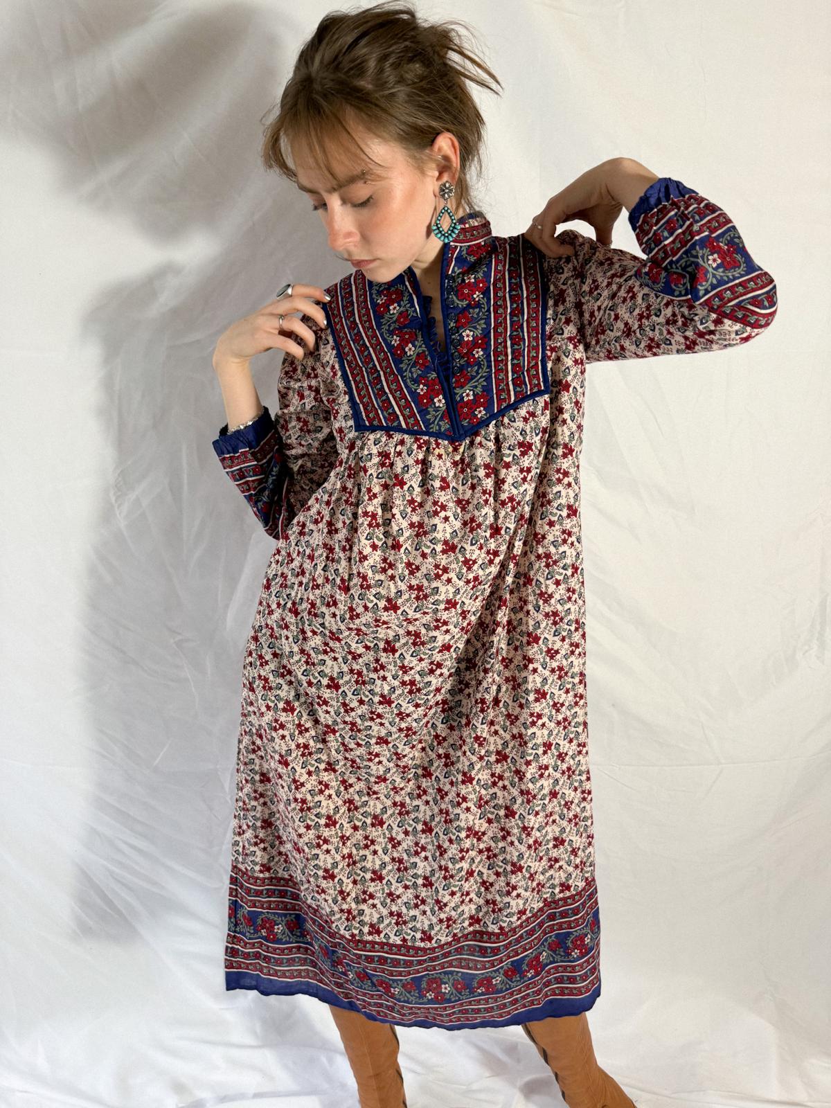 1970s-80s Blockprint Cotton Dress with Quilted Yoke