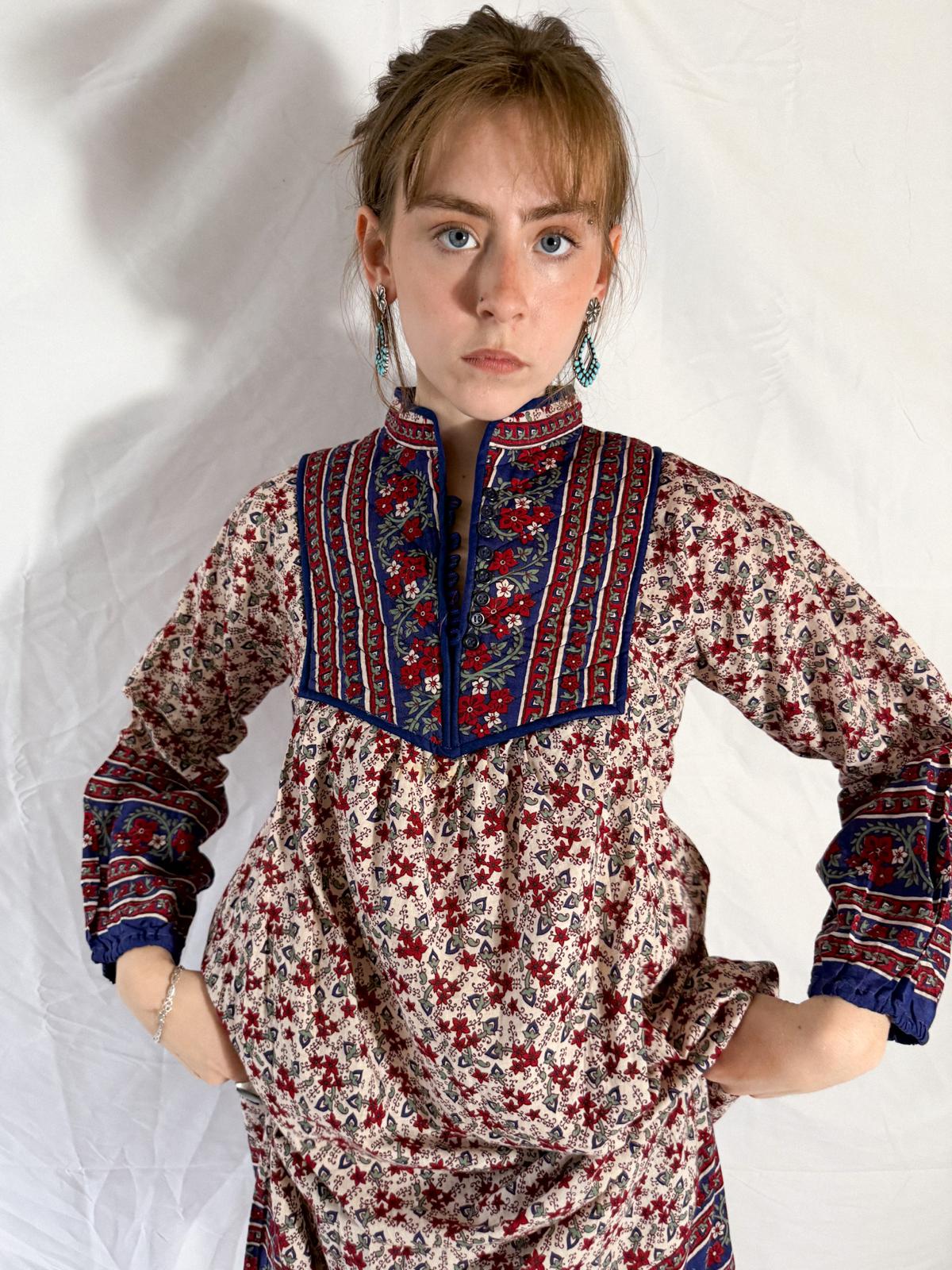 1970s-80s Blockprint Cotton Dress with Quilted Yoke