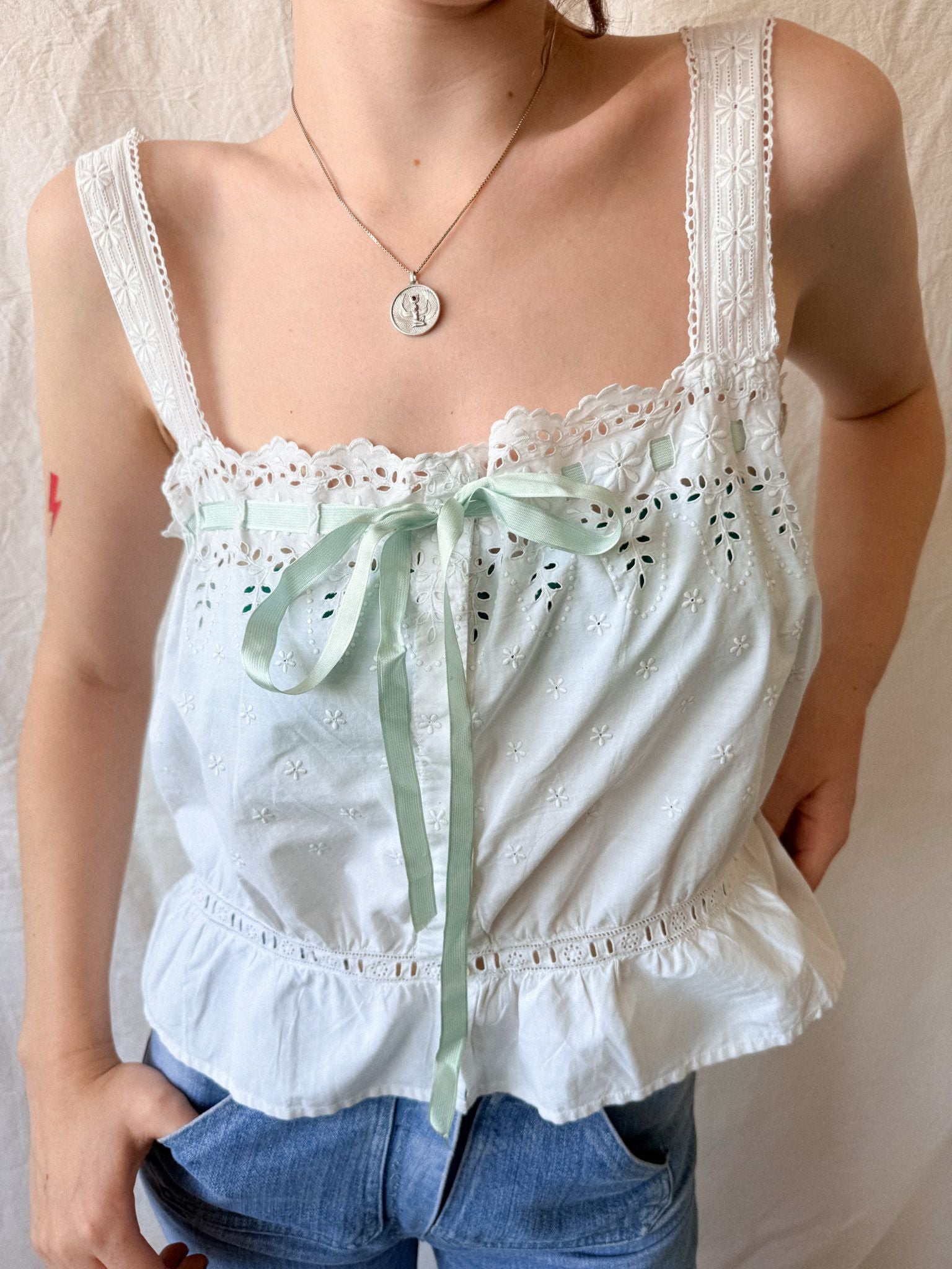 Edwardian Broderie Anglaise CottonnCorset Cover with Ribbon