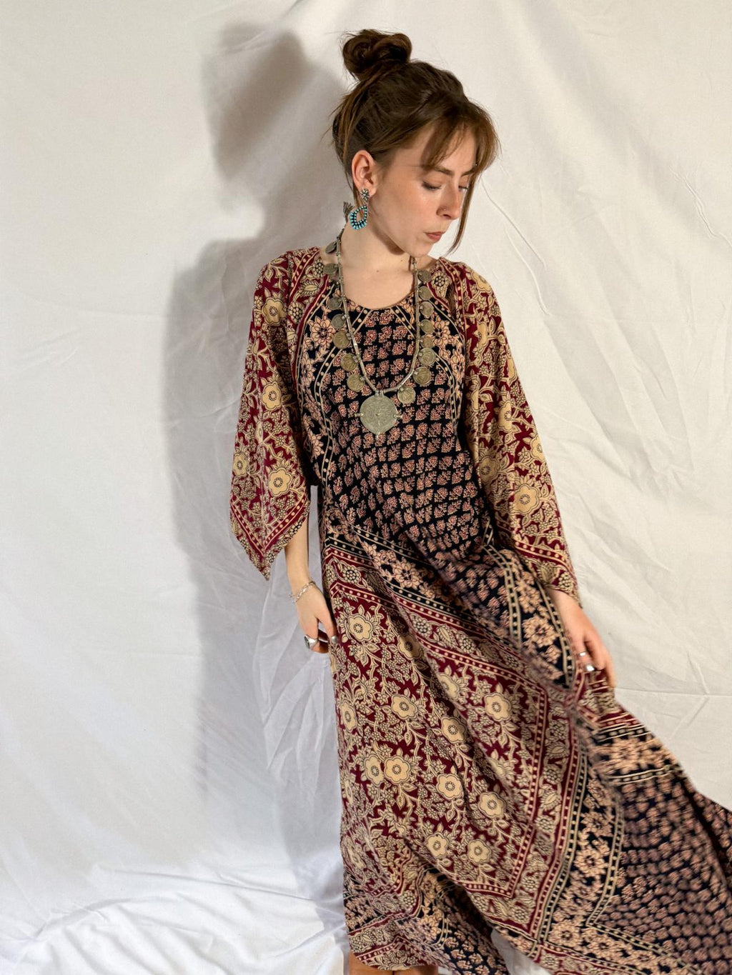 1970s Kaiser Indian Block Print Cotton Maxi Kaftan Dress