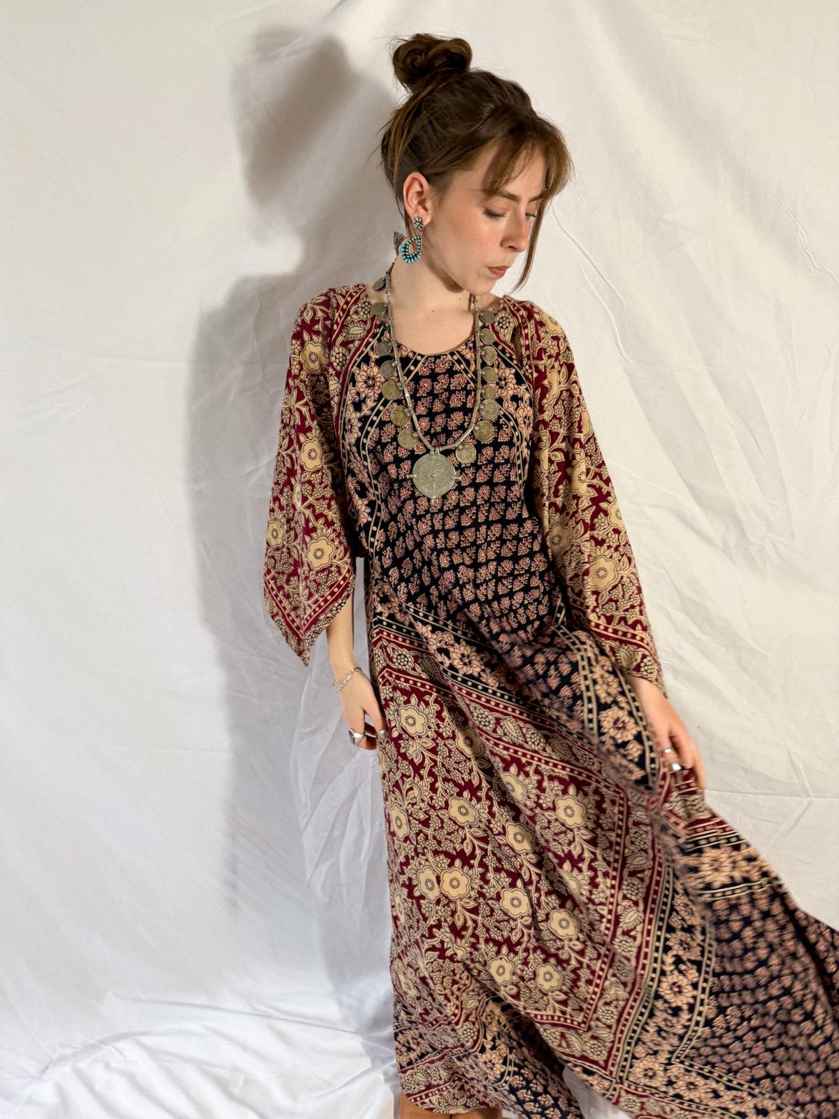 1970s Kaiser Indian Block Print Cotton Maxi Kaftan Dress