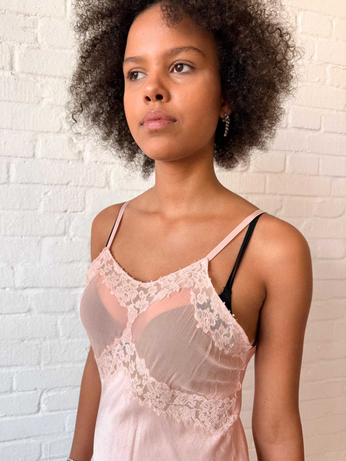 1930s–40s Bubblegum Pink Silk Satin Bias Cut Slip Dress with Lace
