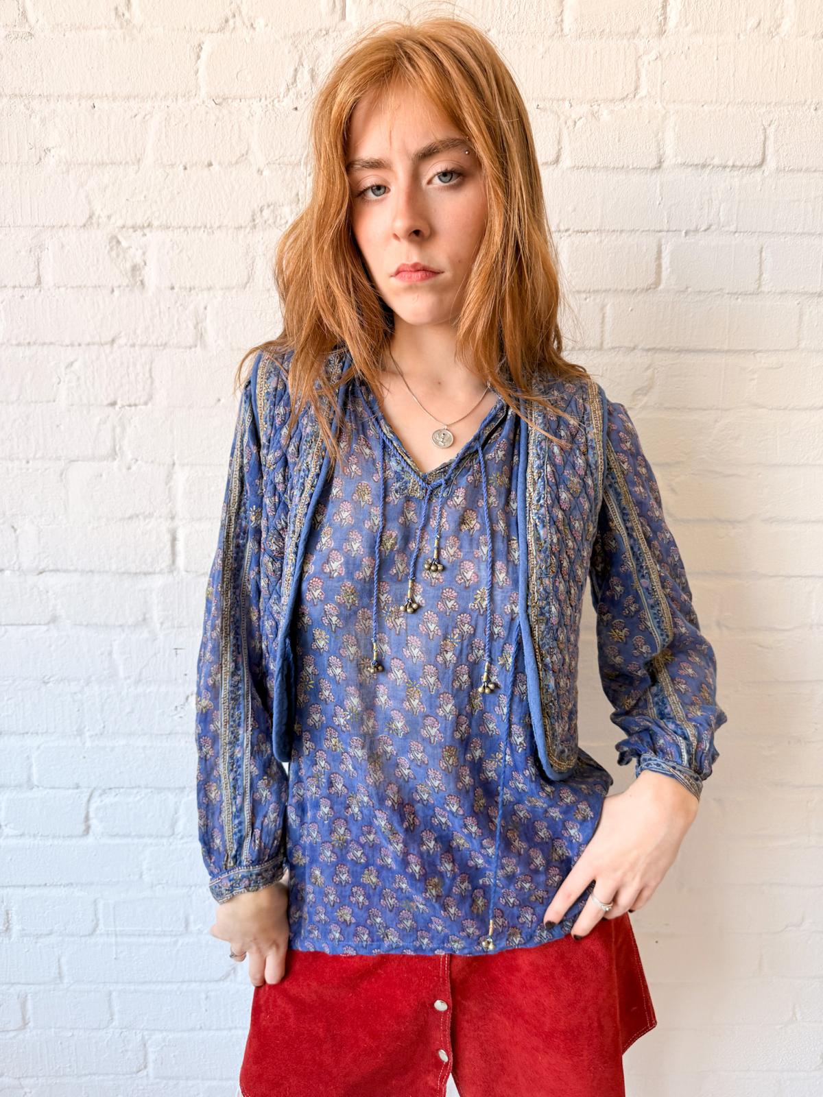 1970s Indian Cotton Gauze Blouse & Quilted Vest Set
