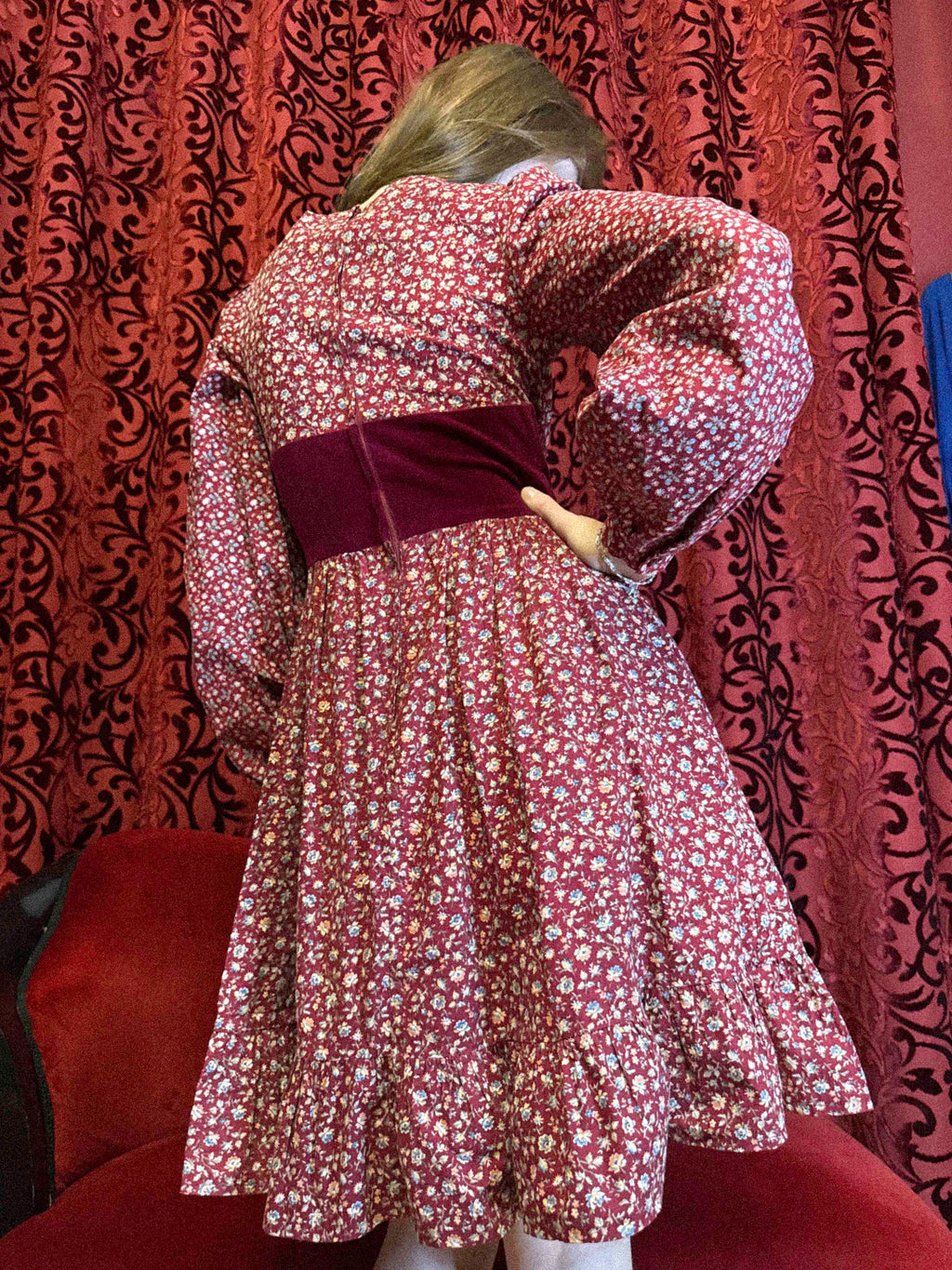 1970s Gunne Sax Prairie Dress in Burgundy Floral Cotton with Velvet Bodice