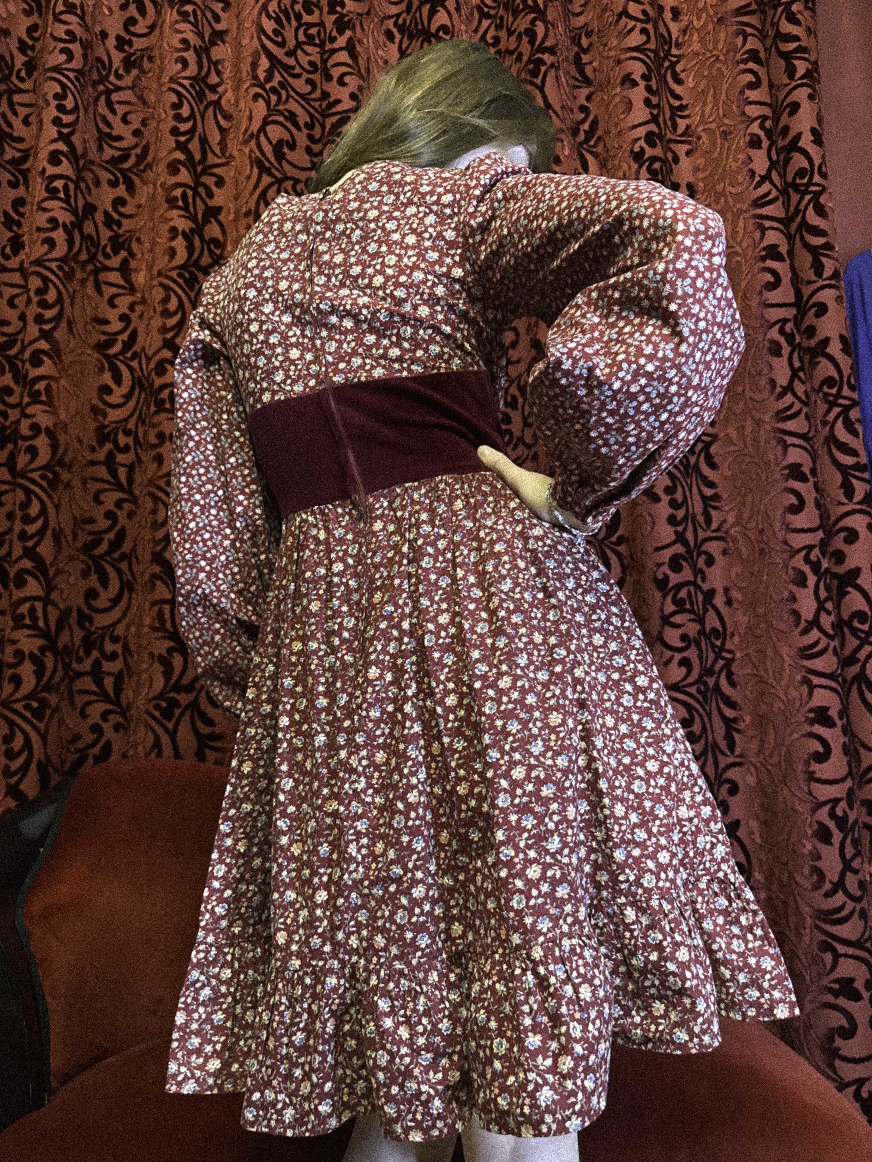 1970s Gunne Sax Prairie Dress in Burgundy Floral Cotton with Velvet Bodice