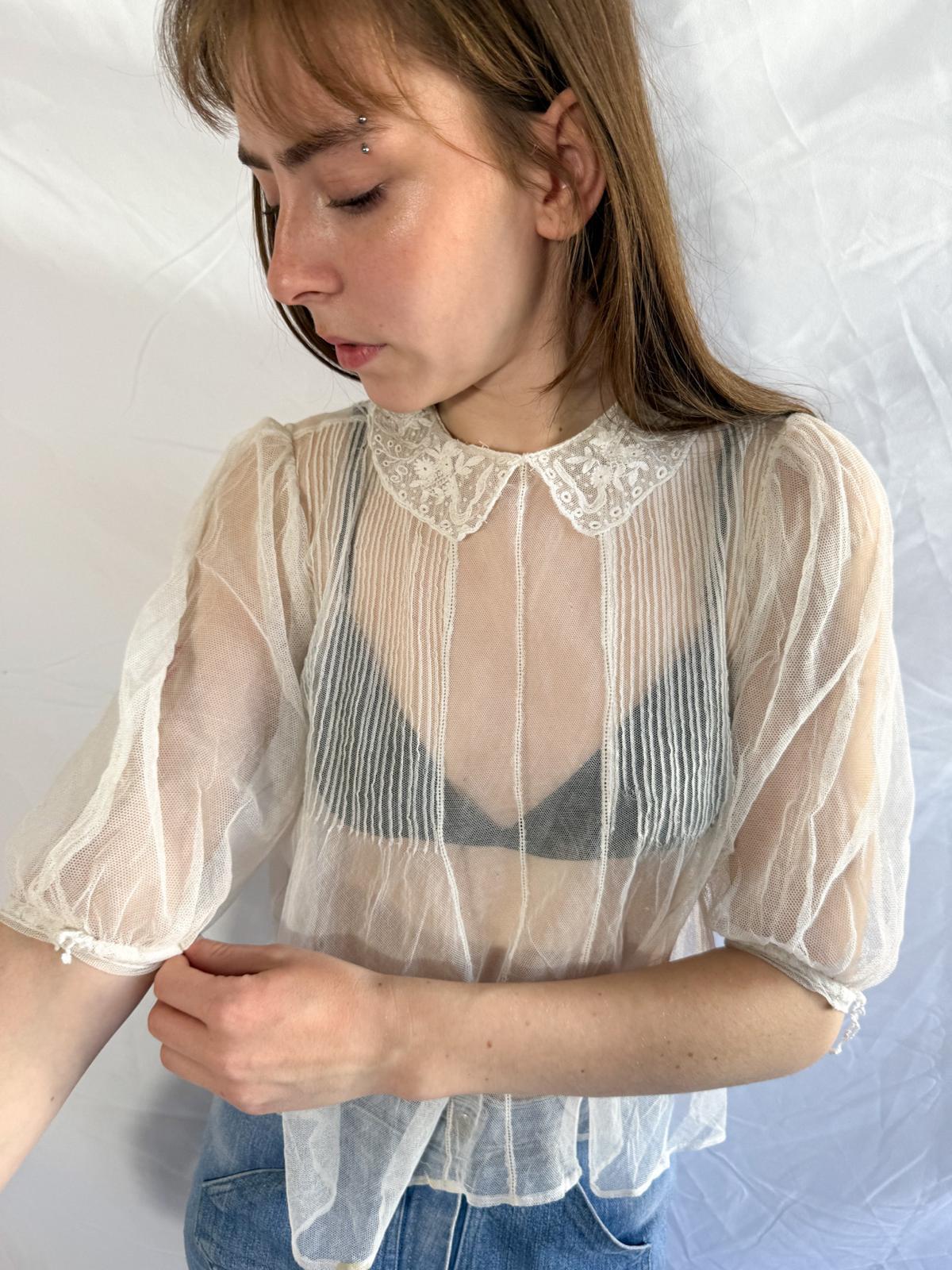 Edwardian / Early 1910s Sheer Tulle Blouse with Embroidered Collar