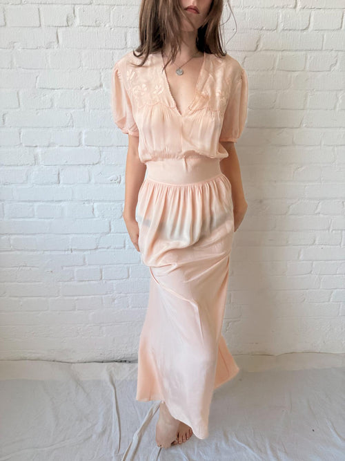 1930s Blush Pink Silk Tie-Back Nightgown