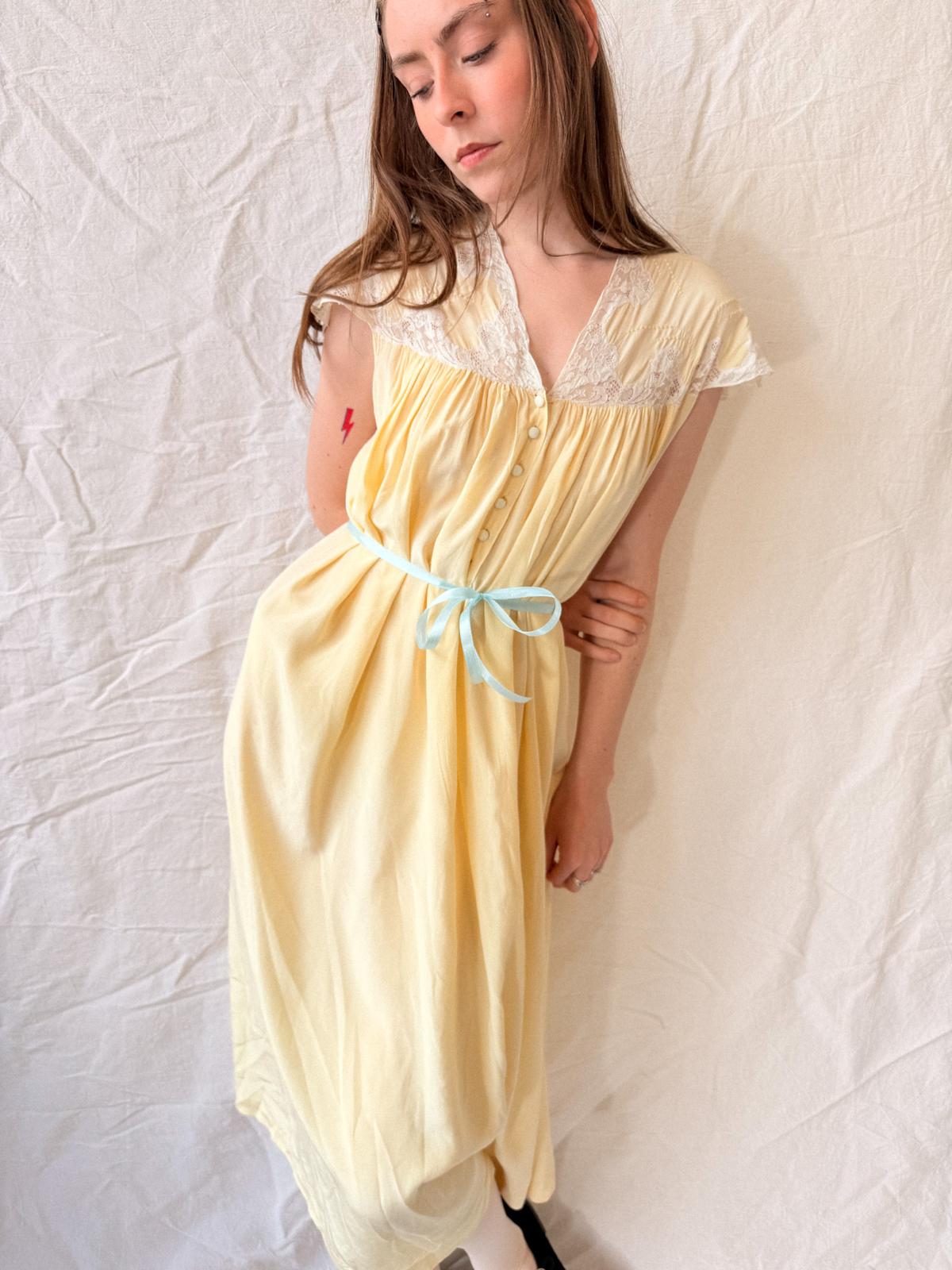 1930s Butter Yellow Silk and Lace Lingerie Dress/ Nightgown
