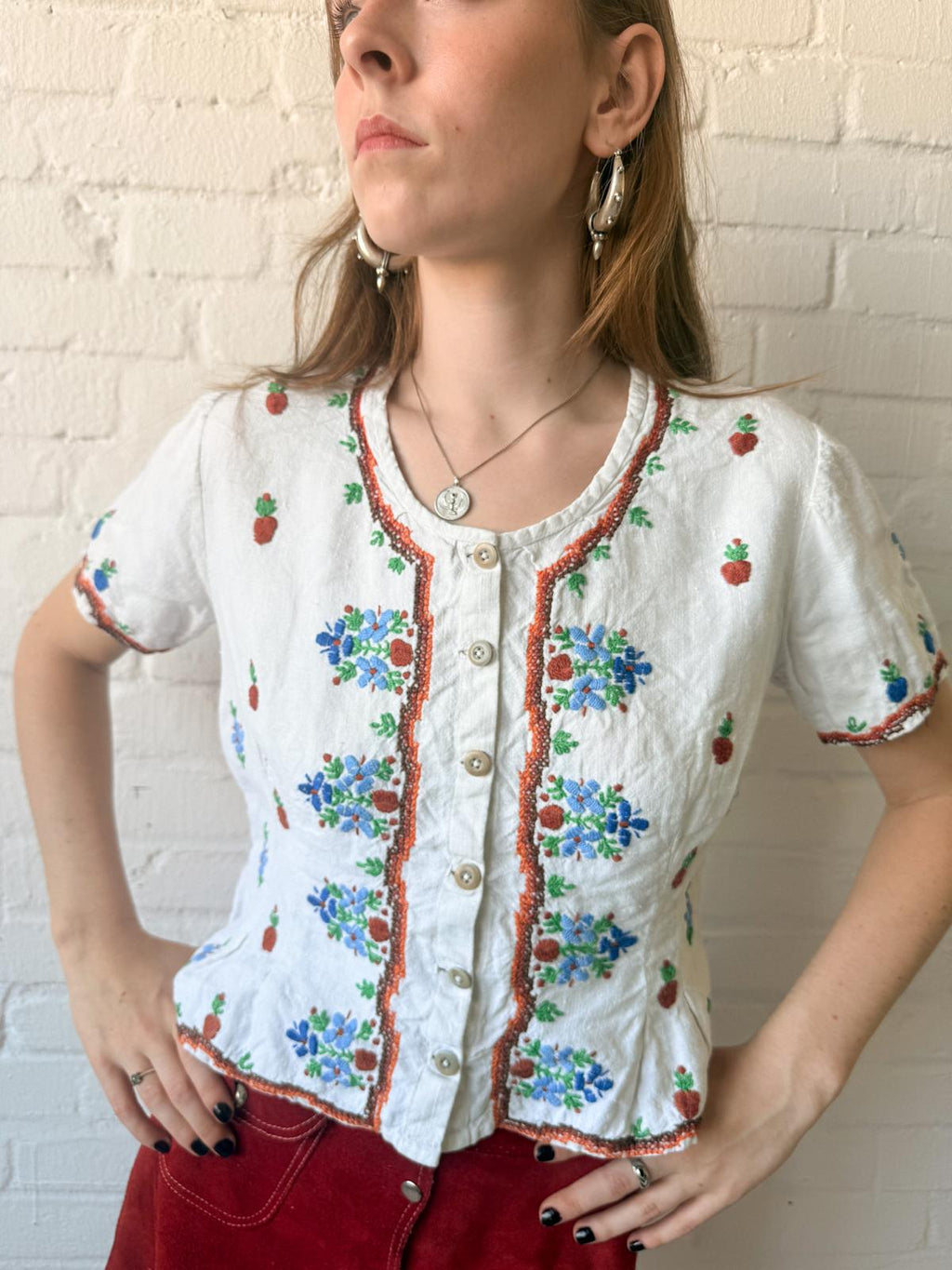 1960s–70s Embroidered Cotton Folk Peplum Blouse