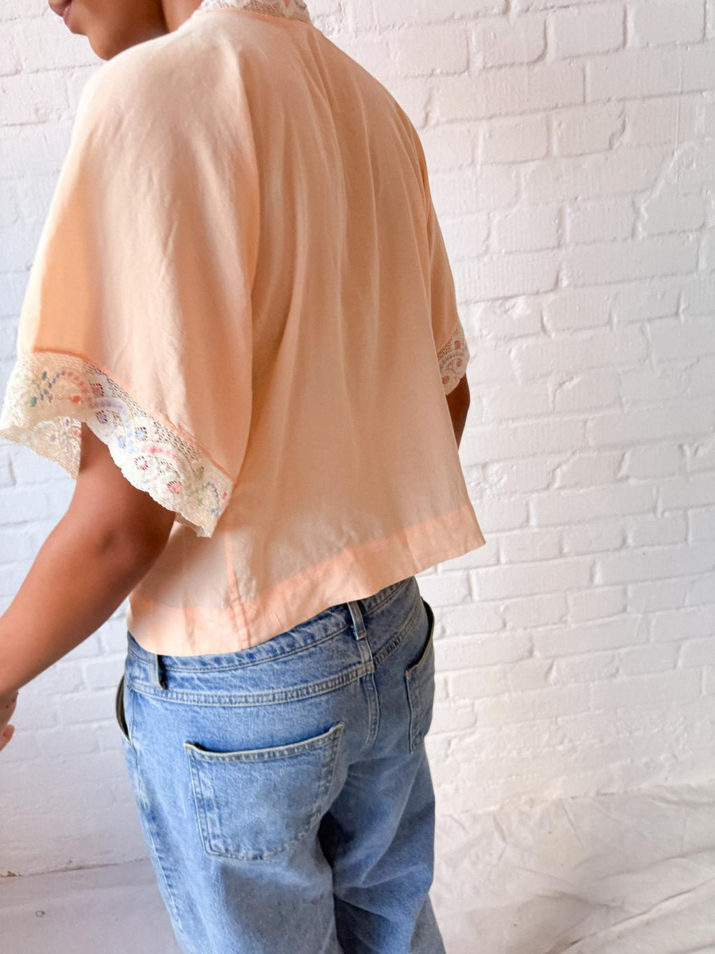 1940s Peach Silk Bed Jacket with Pastel Floral Lace