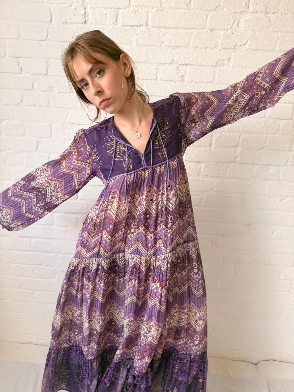 1970s Indian Cotton Gauze Maxi Dress with Tree Print and Gold Stamped Details