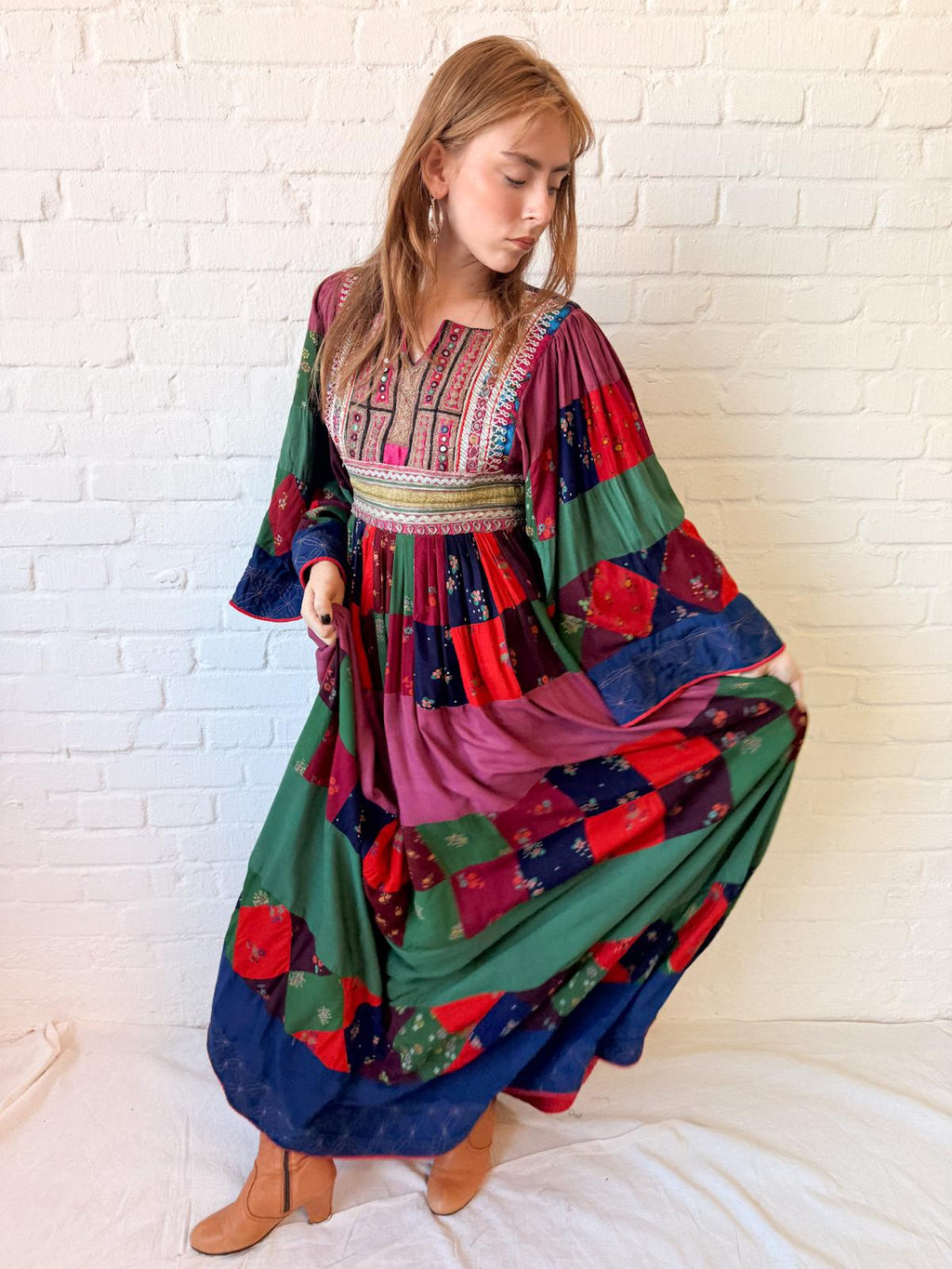 1970s Afghan-Style Patchwork Maxi Dress with Mirrorwork Embroidered Bodice
