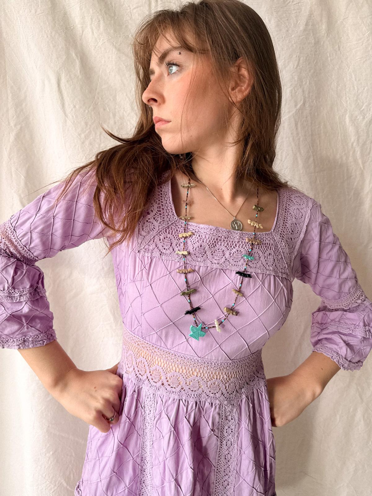 Lavender Quilted Cotton Lace Mini Dress | 1960s–70s Mexico