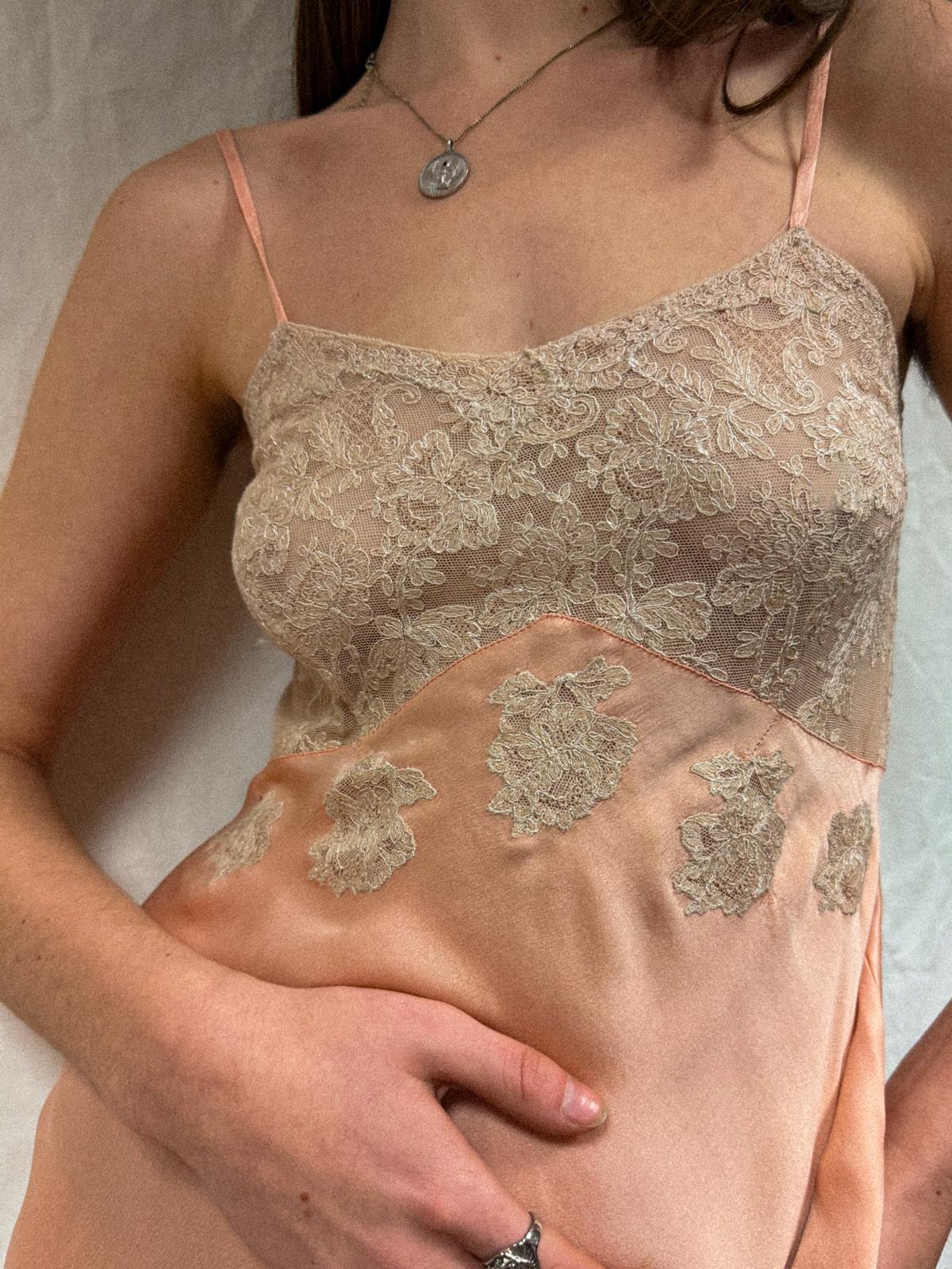 1930s Peach Silk and Lace Slip