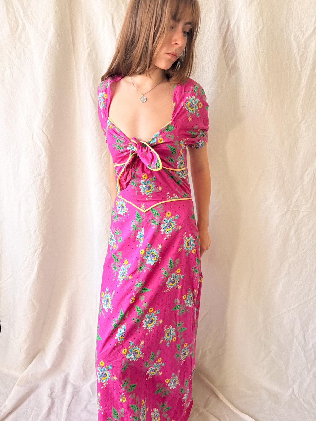 1970s Hot Pink Floral Broderie Anglaise Maxi Dress
