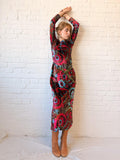 1970s Psychedelic Crushed Velvet Maxi Dress – Pink, Turquoise & Brown