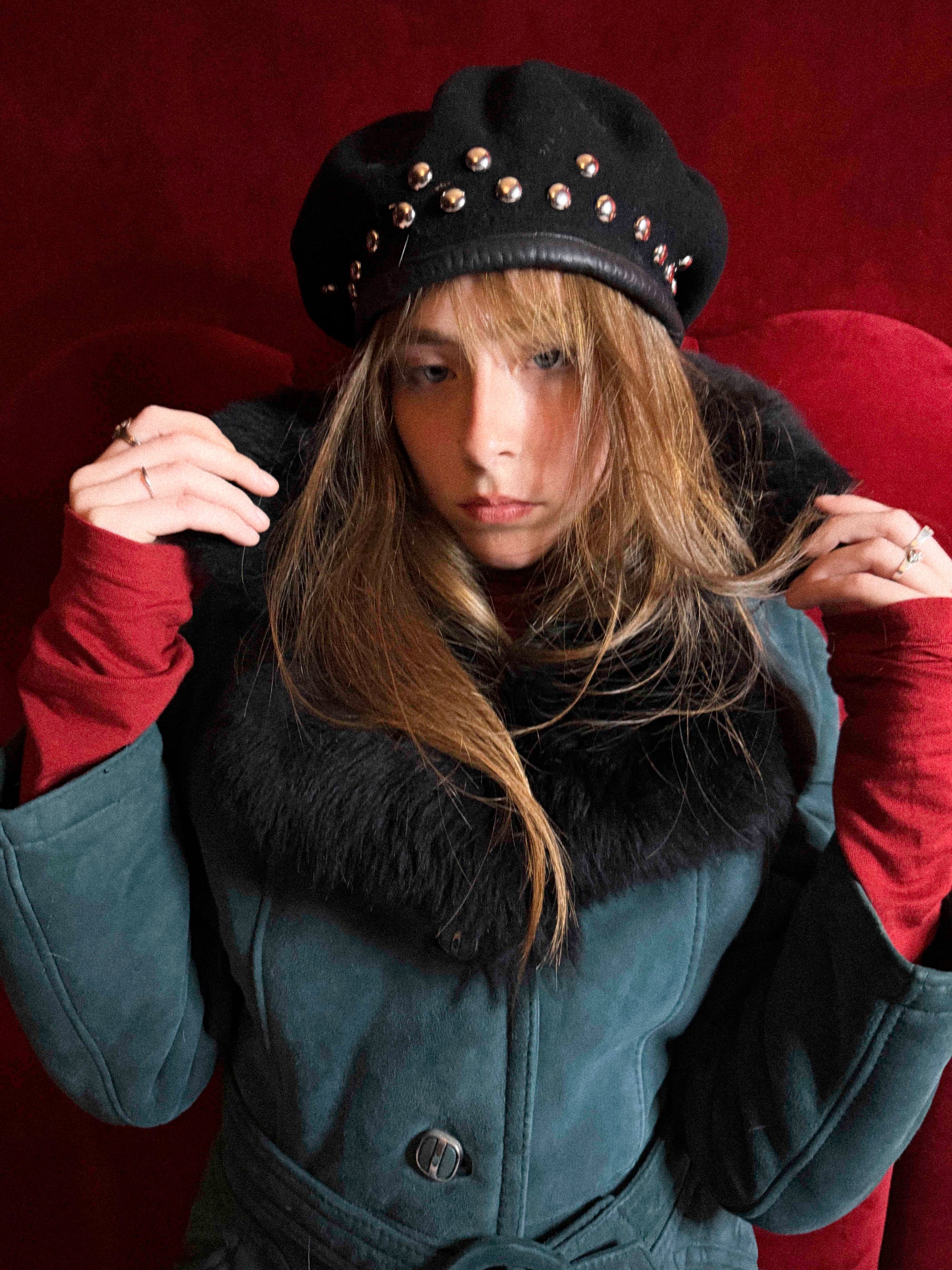 1970s Teal Green Shearling Penny Lane Trench Coat with Black Fur Collar – Soft Suede &amp; Ornamental Buttons