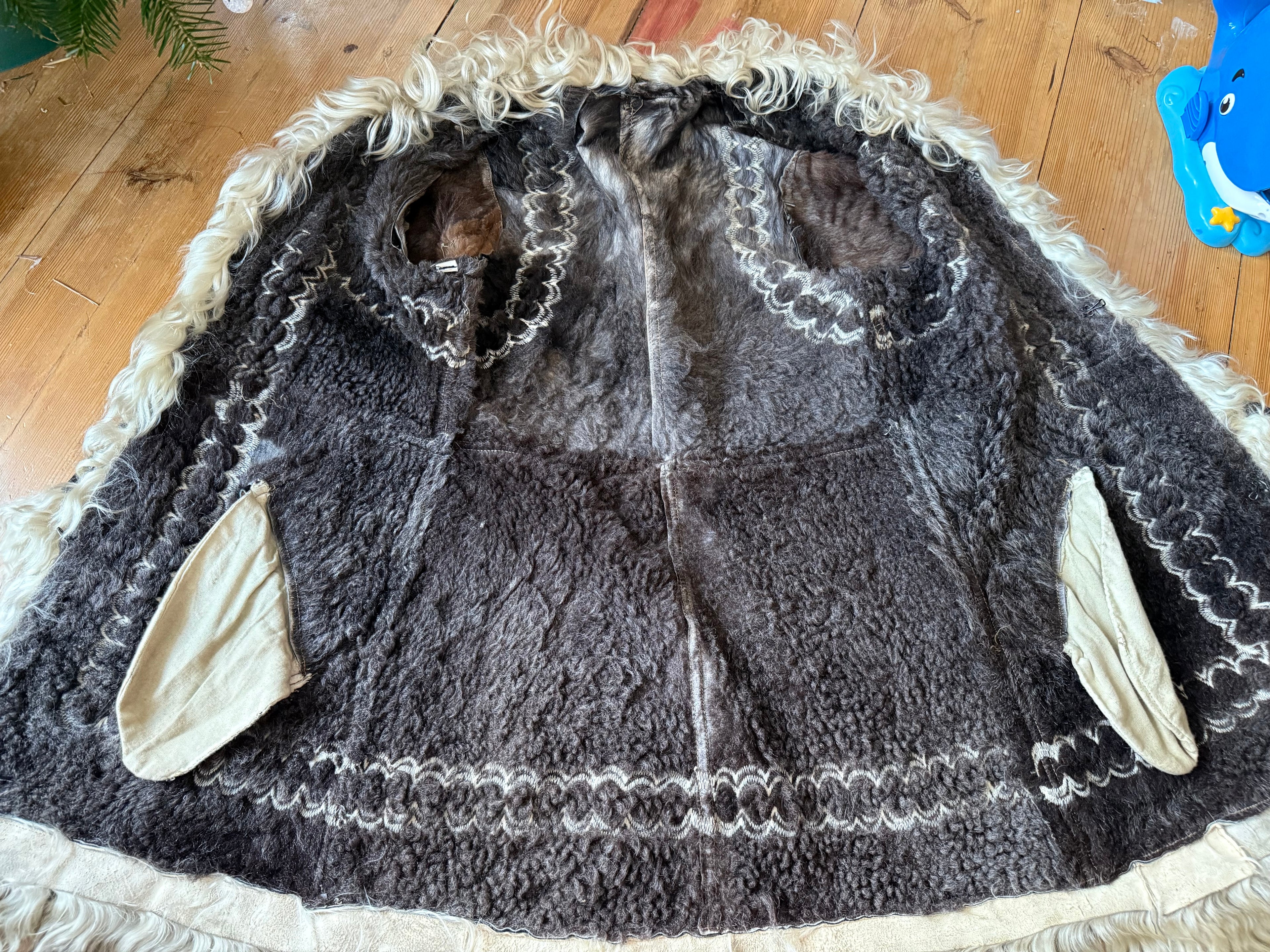 1960s/70s Inky Black Embroidered Afghan Shearling Coat with Lambswool Lining