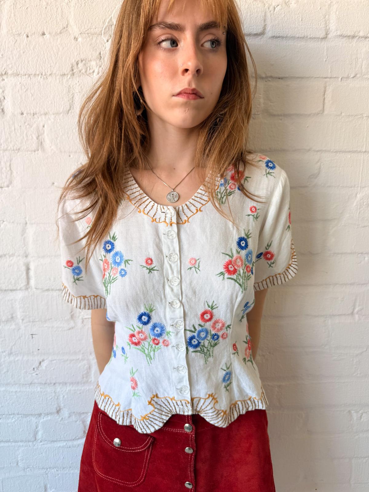 1940s–50s Embroidered Cotton Folk Trachten Blouse