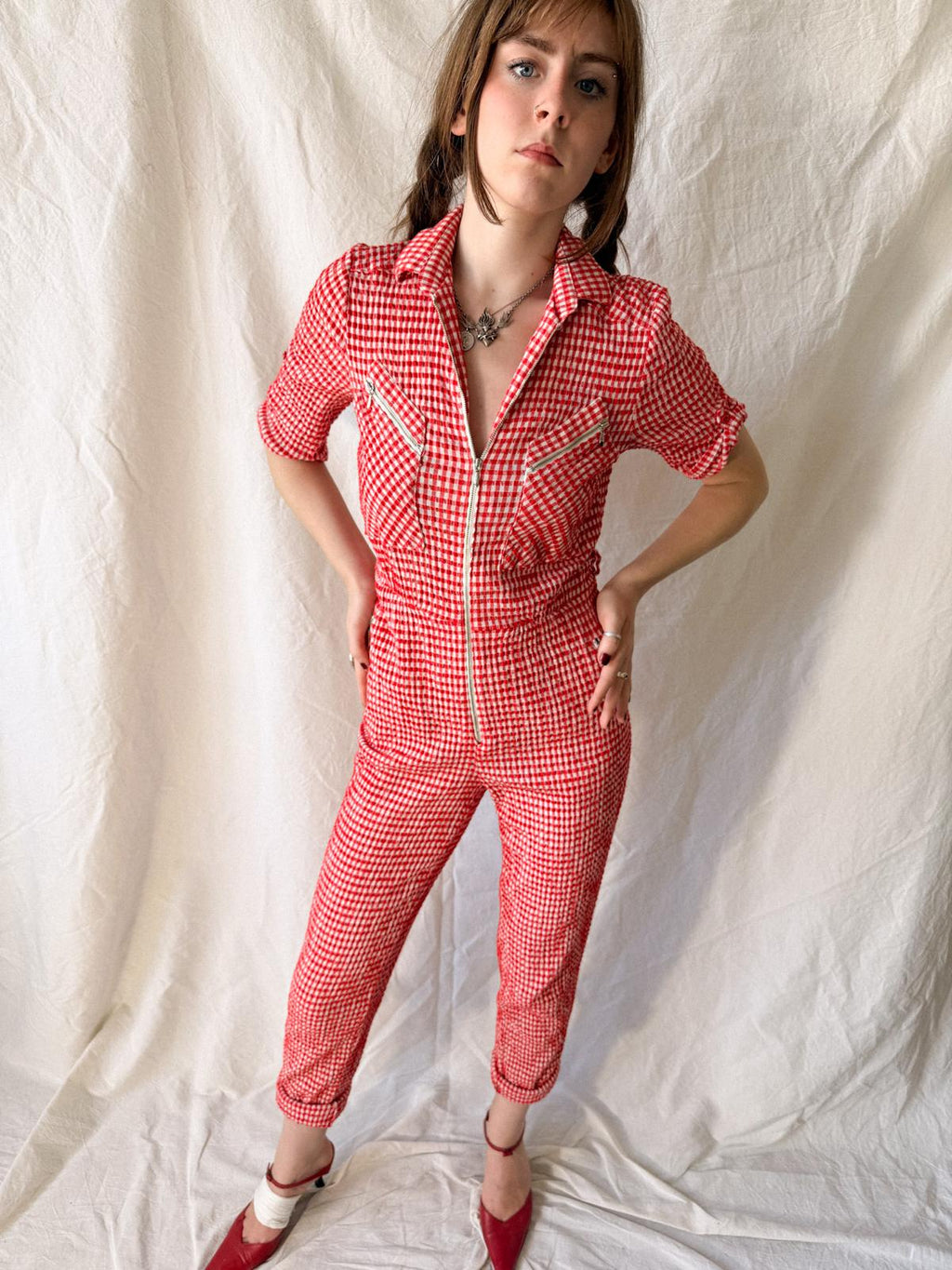 1970s Betty Barclay Red Gingham Zip Front Jumpsuit
