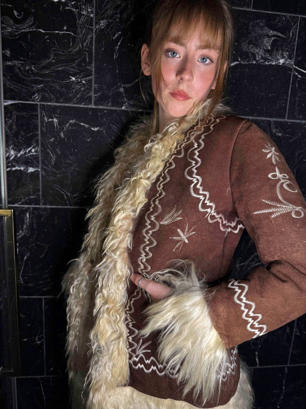 1970s Afghan Shearling Coat – Chocolate Brown with Creamy Trims and Ivory Embroidery
