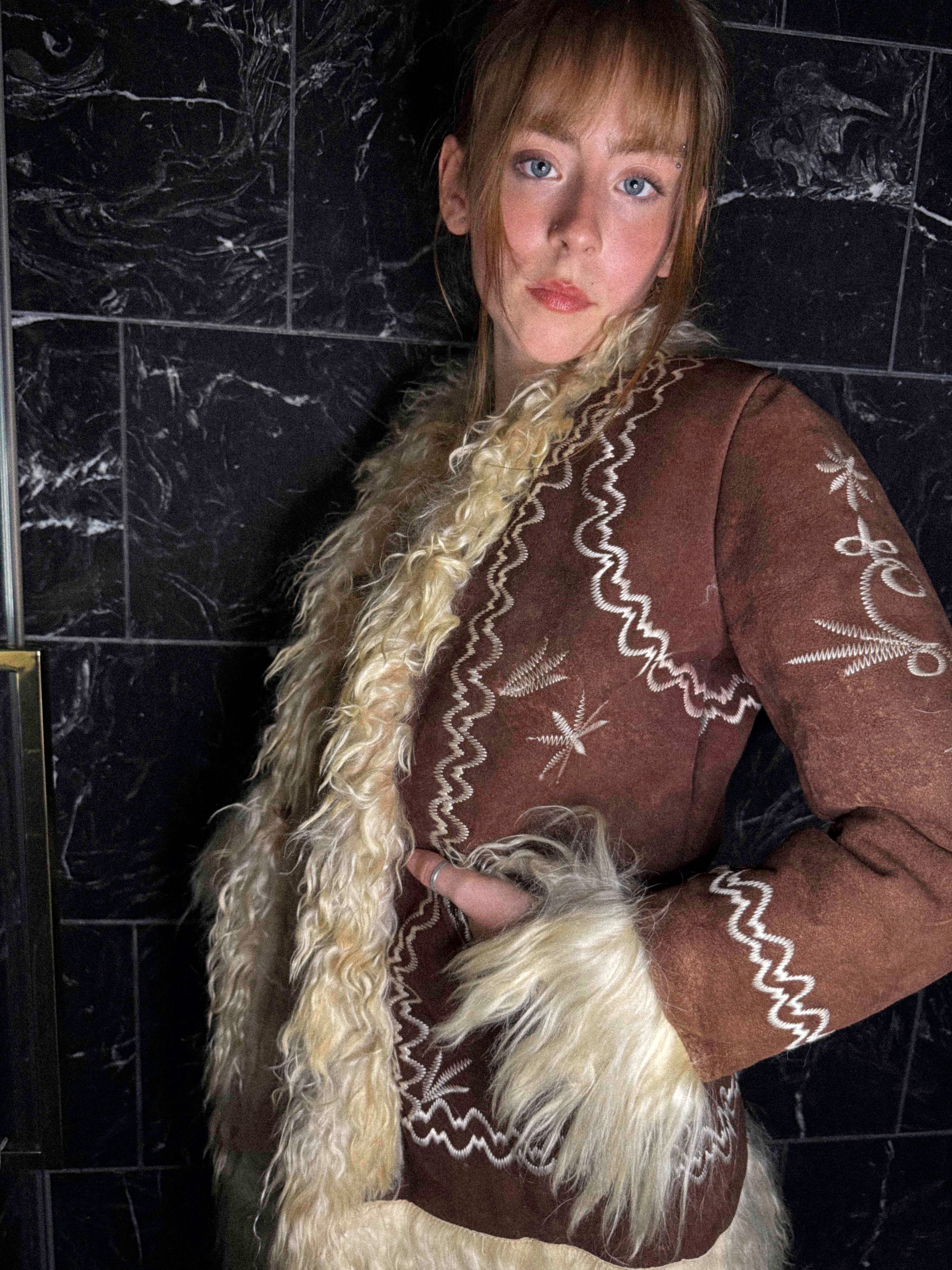 1970s Afghan Shearling Coat – Chocolate Brown with Creamy Trims and Ivory Embroidery