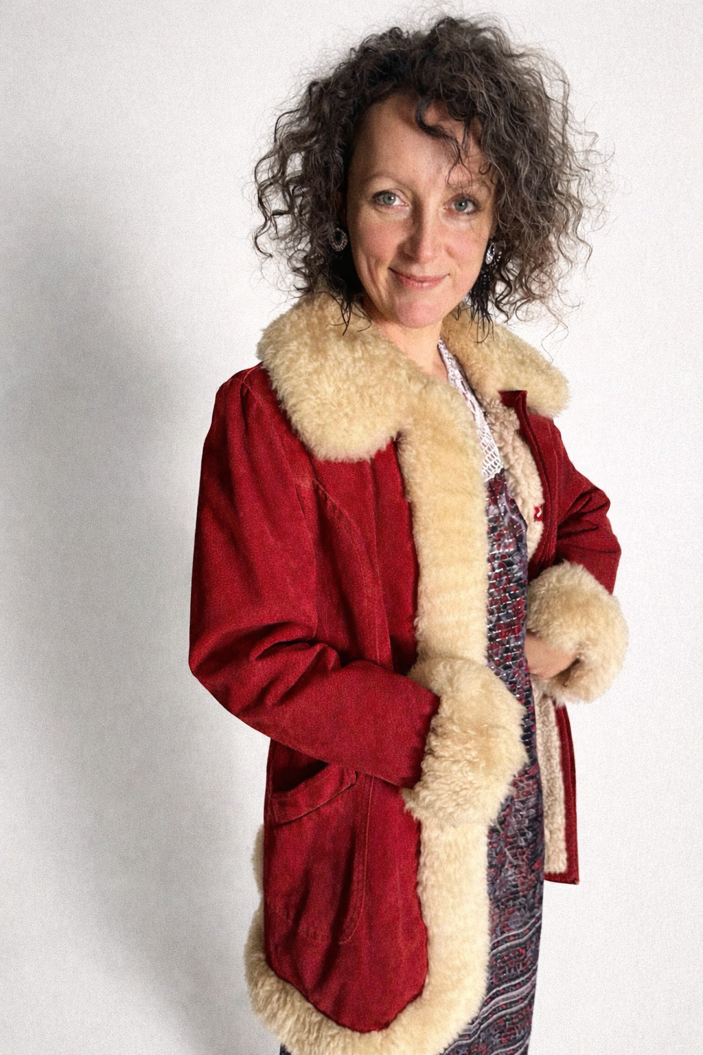 1960s/70s Cherry Red Shearling Coat with Sheepskin Trim
