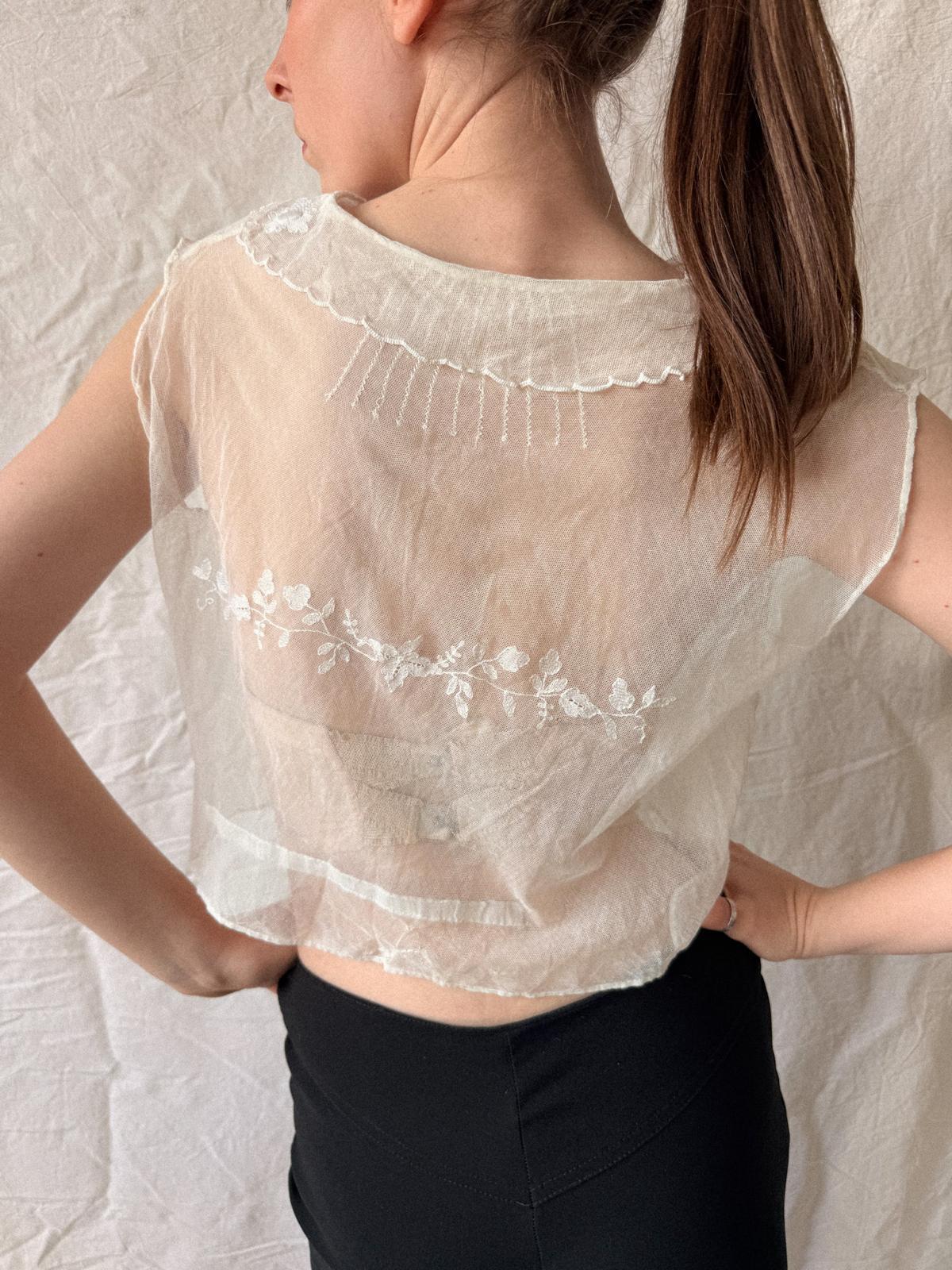 Antique Edwardian French Embroidered Tulle Bodice Blouse | Early 1910s Sheer Net Top